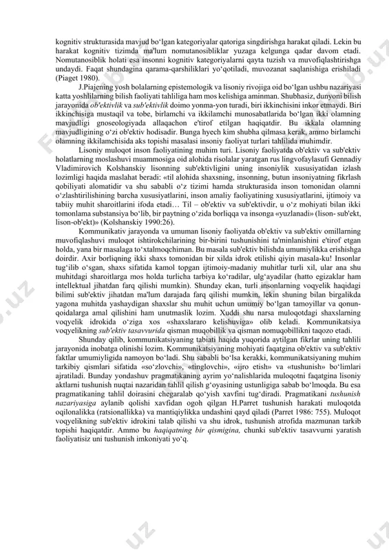 amiyatsiz. masalan, savol biror hodisa haqida ma'lumot berish talabimi (konativ) yoki biror narsani bilish istagining ifodasimi (ekspressiv)? ekspressiv va konativning til tizimida bir-biridan ajratib bo‘lmasligidan hayratlanmaslik kerak. ularning ikkalasi yagona bir «shaxslararo» vazifaga birikadilar». yuqorida keltirilgan tasnif boshqalari bilan qiyoslanganda, byullerning inson faktorini inobatga olmayotganligi ma'lum bo‘ladi. byuller muloqot jarayoni tahliliga qandaydir «betaraf kuzatuvchi» nuqtai nazaridan yondashadi, bu «kuzatuvchi» haqiqiy lisoniy faoliyat jarayonidan ajralib qolgan. muallif kommunikativ vaziyatning ayrim jihatlarinigina qayd qilishdan nariga o‘tmasdan, muloqat ishtirokchilari lisondan foydalanishida hosil bo‘ladigan holatlar masalasini ochiq qoldiradi. uning diqqat markazida faqatgina lisoniy belgining voqyelikdagi biror predmet yoki hodisa bilan bog‘liqligi masalasi turadi. ammo referensiya ham byuller talqinida ekstrasub'ektiv hodisadir, ya'ni u lisoniy belgidan foydalanuvchi shaxsga aloqador emas. m.hollidey tasnifida ham lisonning uch vazifasi eslatiladi: 1) idrok, tasavvur vazifasi (the ideational function), ya'ni lison so‘zlovchilarning voqyelik, o‘z ichki kechinmalari haqidagi fikr, g‘oyalarini ifodalash uchun xizmat qiladi; 2) shaxslararo vazifa (the interpersonal function): til muloqatga …