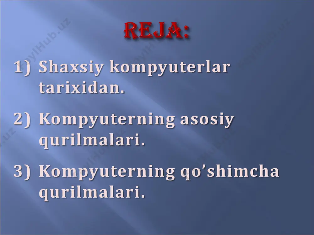 ess memory (tanlov asosida ixtiyoriy qismiga murojaat qilinadigan xotira) bu qurilma registrlardan tashkil topgan. registr ― bu ma’lumotlarni ikkilik shaklda vaqtinchalik saqlovchi qurilma. registr triggerlardan tashkil topadi. triggerlarning miqdori kompyuter necha razryadli ekanligini ko’rsatadi. registr (uyacha) larning har bir razryadiga 1 bit axborot to’g’ri keladi. 8 bit axborot birgalikda 1 baytni tashkil qiladi. har 1 bayt o’z tartib raqami(adresi)ga ega bo’ladi. uyachaning uzunligi mashina so’zi uzunligini belgilab beradi. hdd (ingl. hard disk drive – qattiq disk qurilmasi) kompyuterning tashqi xotirasi bo’lib, sistema blokiga o’rnatiladi hamda ma’lumotlarni saqlashda ishlatiladi. uning hajmi bir necha 10 gbaytdan - 10 tbaytgacha yetadi. vinchestor deganda, silindrsimon germetik idishda joylashtirilgan, bir o’qqa mustahkamlangan ustma - ust disklar majmui tushuniladi. 1 - vinchestor 1973 - yilda ibm firmasi tomonidan 3340 modelida yaratilgan. monitor kompyuterning ish jarayonida vujudga keladigan axborotlarni ekranda yoritib berishga xizmat qiladigan qurilma. monitor grafik yoki matn holatida ishlashi mumkin. matn holatida belgi o’rinlari deyiluvchi …
