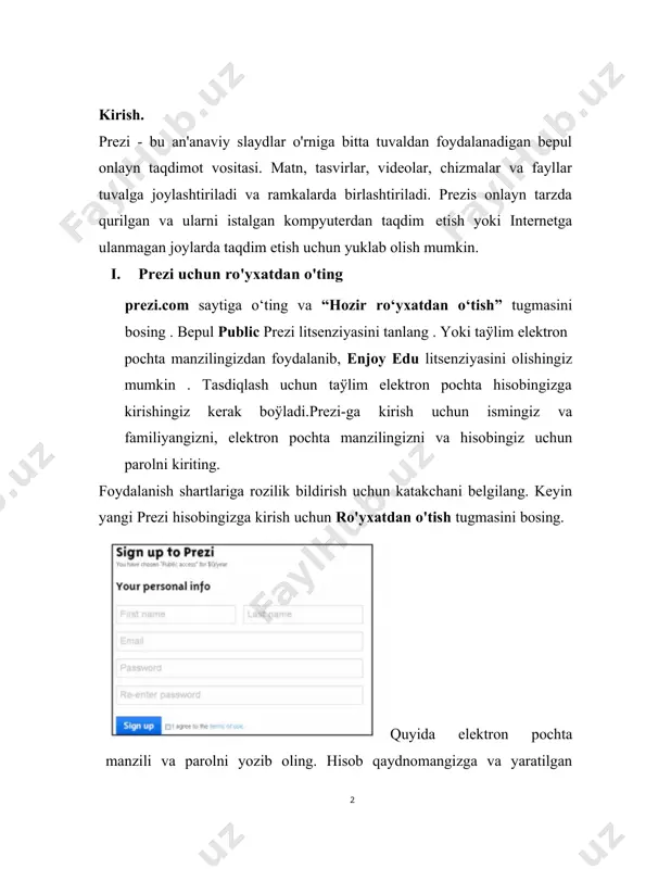 h uchun ramkalar microsoft powerpoint slaydlariga o'xshaydi.sarlavha qo'shish uchun bosing - prezi shabloningizga sarlavha qo'shing. matn maydonining yuqori qismida sarlavha matnining uslubini (sarlavha, subtitr, asosiy) tanlashingiz mumkin. bundan tashqari, matningizning shrift hajmi va rangini o'zgartirishingiz mumkin . > tugmasini bosing, siz matnni ajratib ko'rsatish, markerlar, matnni tekislash, va chekinishlar) matn maydonida. ushbu o'zgarishlarni qabul qilish uchun matn maydonidan tashqaridagi istalgan joyga bir marta bosing.matn oynasining to'rtta burchagidan istalgan biridagi ko'k doira ustiga bosish orqali uni aylantiring (sichqoncha kursorini istalgan burchakka olib borganingizda ko'k doira paydo bo'ladi) matnni tahrirlash belgisi bilan o'zgartirishlar kiriting o'chirish belgisi bilan uni o'chiring b) yo'l yon paneli va yo'l qadamlari - chap tomondagi yo'l yon panelida siz o'zingizning prezi umumiy ko'rinishini, shuningdek, har bir yo'l qadamining raqamlangan eskizini ko'rishingiz mumkin. har bir yo'l bosqichi g'oyalarni guruhlaydigan va taqdimotingiz uchun tarkibni tartibga soluvchi ramkani ifodalaydi. har bir yo'l qadamining yonidagi raqamlar taqdimot tartibi. yo'l qadamini bosish orqali …