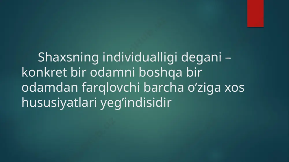 tanasining konstitutsiyasiga muvofiq shaxs turini korrelyatsiya qildi, jung barcha odamlarni ekstrovert va introvertlarga ajratdi. xarakter jixatdan insonlar yana xolerik sangvinik melanholik va flegmatik turlariga azratilgan . 2 ta asosiy ajralish kuchli muvozanatlashgan va kuchli muvozanatlashmagan kabi tiplardir. e’tiboringiz uchun rahmat ! image2.png image3.png image4.png image5.png /docprops/thumbnail.jpeg