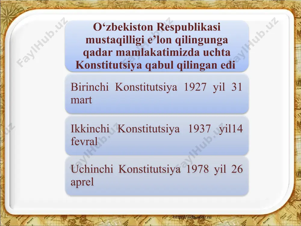 24 7 2016-yil 4-dekabrda o‘zbekiston konstitutsiyasi asosida prezidentlik saylovi o‘tkazildi. unda 88,61 % ovoz bilan bosh vazir shavkat mirziyoyev prezident etib saylandi. shavkat mirziyoyev o‘zbekiston respublikasi oliy majlisi. 14.01.2024 8 demokratik tamoyillar va o‘zbekiston respublikasi konstitutsiyasining uchinchi tamoyili – davlat hokimiyatining uch tarmoqqa bo‘linishi nuqtayi nazaridan o‘zbekiston davlat hokimiyati tizimi qonun chiqaruvchi, ijro etuvchi va sud hokimiyatlariga bo‘linishi qonunlashtirildi. prezident oliy majlis vazirlar mahkamasi sud o‘zbek parlamentarizmi tarixiga nazar solsak, 1990–1994-yillarda mamlakatimiz parlamenti oliy kengash nomi bilan atalib, 150 deputatdan iborat edi. 14.01.2024 9 1995–2004-yillarda oliy majlis nomi bilan atalgan 250 deputatdan iborat bir palatali parlament shakllantirildi. 14.01.2024 10 2005-yildan boshlab mamlakatimiz tarixida ilk bor o‘zbekiston respublikasi oliy majlisi ikki palatadan – qonunchilik palatasi (quyi palata) va senatdan (yuqori palata) iborat tarzda ish boshladi. 14.01.2024 11 o‘zbekiston respublikasi ministrlar soveti o‘zbekiston respublikasi prezidenti huzuridagi vazirlar mahkamasiga aylantirildi. 14.01.2024 12 o‘zbekiston respublikasi vazirlar mahkamasi binosi 1992–2003-yillarda vazirlar mahkamasining tuzilishi 14.01.2024 13 …
