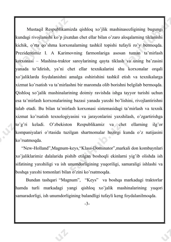 lari o’rtasida tuzilgan shartnomalar hozirgi kunda o’z natijasini ko’rsatmoqda. “new-holland”,magnum-keys,“klass-dominator”,markali don kombaynlari xo’jaliklarimiz dalalarida pishib etilgan boshoqli ekinlarni yig’ib olishda ish sifatining yaxshiligi va ish unumdorligining yuqoriligi, samaraligi ishlashi va boshqa yaxshi tomonlari bilan o’zini ko’rsatmoqda. bundan tashqari “magnum”, “keys” va boshqa markadagi traktorlar hamda turli markadagi yangi qishloq xo’jalik mashinalarining yuqori samaradorligi, ish unumdorligining balandligi tufayli keng foydalanilmoqda. -3- albatta bunday yangi texnikaalarning qo’llnilishi nafaqat qishloq xojaligida, balki qishloq xo’jalik kollejlarida o’quv jarayonlarida o’zini namoyon qilmoqda. yosh mutaxassislarni tayyorlash sifaati va yangi texnikalarni o’qitilishiga katta e’tibor berilmoqda. muhandis-pedagoglarni qaytadan o’qitish, malakasini oshirish ishlari ham olib borilmoqda. mashina – traktor saroylariga texnika xizmati korsatish va ta’mirlashni sifatli olib borish, amalga oshirishdagi xilma-xil tadbirlar kompleksi, malakali kichik kadrlarni ko’proq tayyorlashni talab qilmoqda. shuning uchun ham bu kabi tadbirlar kasb-hunar ta’limi tizimining oldidagi muhim vazifadir. -4- u m u m i y q i s m (xojalikka tavsifnoma) «sharq xaqiqati madadkori» nomli …