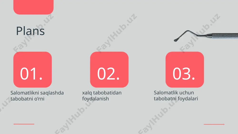 g usullari e'tiborga olish kerak bo'lgan jihatlar tabobat va salomatlik: foydali xulosa xalq tabobati asoslari xalq tabobati salomatlikni saqlashda muhim rol o'ynaydi. u tabiiy usullar bilan kasalliklarni oldini olish va davolashda yordam beradi. masalan, o'zbek xalq tabobatida o'tlar, masalan, asal va zira, ko'plab kasalliklarni davolashda qo'llaniladi. biroq, xalq tabobatining ayrim kamchiliklari mavjud: ilmiy asosning yetishmasligi va xavfli bo'lishi mumkin. kelajakda xalq tabobatini rivojlantirish uchun ilmiy tadqiqotlar va zamonaviy tibbiyot bilan integratsiya qilish zarur. misol uchun, o'tlar va an'anaviy usullarni zamonaviy tibbiy tadqiqotlar bilan birlashtirish mumkin. xalq tabobati – bu tabiiy resurslar va an'anaviy bilimlarga asoslangan sog'liqni saqlash usulidir. uning o'ziga xos xususiyatlari shundaki, u dorivor o'simliklar, xalq retseptlari va an'anaviy usullarni o'z ichiga oladi, bu esa sog'liqni mustahkamlashda muhim hisoblanadi. asosiy usullar: - dorivor o'simliklar: tabiiy o'simliklardan tayyorlangan preparatlar, masalan, chamomil, shifobaxsh xususiyatlari bilan tanilgan. - xalq retseptlari: o'zbek xalqining an'anaviy taomlari va ichimliklari, masalan, choy, asal va ziravorlar bilan …