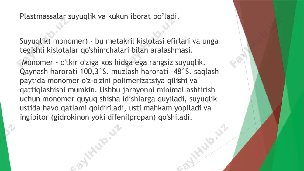 rlashning alohida bosqichlari sezilarli darajada soddalashtirildi, ortodontik apparatlarning yangi konstruksiyalari yasashda qo’llaniladi. bunday plastmassalarning polimerizatsiyasi katalizator-aktivator tizimi mavjudligi sababli 20-30 daqiqa ichida sodir bo'ladi. tez qotib turadigan plastmassalar kukun va suyuqlik nisbatiga juda ehtiyotkorlik bilan rioya qilingan holda aralashtiriladi, chunki monomer miqdori ko'payishi bilan nafaqat qolipdan tashqarida davolanish tufayli mahsulotning qisqarishi sezilarli bo'ladi, balki polimerizatsiya jarayoni uzayadi, qoldiq monomerning allaqachon ko'paygan miqdori sezilarli darajada oshadi. ish turiga qarab, massalar ikkinchi (yopishqoq), uchinchi (xamir) va to'rtinchi (kauchukga o'xshash) bosqichlarda qo'llaniladi. protakril-m -asosiy plastmassalarga yaqin xususiyatlarga ega bo'lgan plastmassa. pushti kukun polimetil metakrilat, tashabbuskor, activator va bo'yoqdan iborat. suyuqlik-aktivator va inhibitor qo'shilgan metil metakrilat. plastmassa egilishga yaxshi qarshilik ko'rsatadi, oz miqdordagi qoldiq monomerni o'z ichiga oladi va texnologik jihatdan qulaydir. etakril bilan kimyoviy yaqinlikka ega bo'lib, ushbu turdagi asosiy plastmassalardan tayyorlangan protezlarni yaxshi natija bilan tuzatishga imkon beradi. "redont" barcha asosiy plastmassalar bilan kimyoviy yaqinlikka ega. uch xil ishlab chiqariladi: shaffof bo'lmagan …