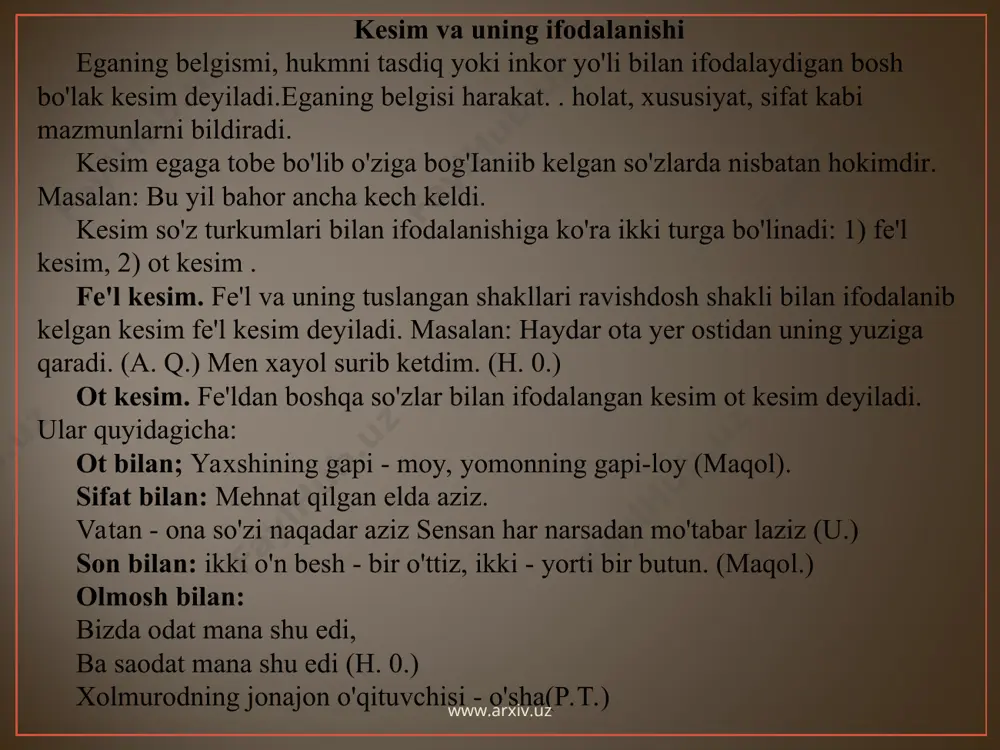 gi to'ldiruvchi deyiladi.boshqaruvchi so'zning talabiga ko'ra to'ldiruvchi tushum, jo'nalish, o'rin-payt, chiqish kelishigidagi so'z yoki ko'makchi bilan ifodalanadi. masalan: bulaming barchasi senga atalgan. sening ishqing bilan o'sgan yetilgan. ("navoiy"dramasi) ilmni mehnatsiz egallab bo'lmaydi. (maqol.) keltirilgan misollarning birinchisida to'ldiruvchi (ishqing bilan) ko'makchili ot bilan, ikkinchisi (ilmni) tushum kelishikli so'z bilan ifodalangan va ularning har ikkisi kesimga (o'sgan, egallab bo'lmaydi) boshqaruv yo'li bilan bog'langan. to'ldiruvchi ot, sifat, olmosh, son. harakat nomi otlashgan sifat, sifatdosh, ravish, taqlid so'z undov so'zlar bilan ifodalanadi. ot bilan ifodalanishi: dunyoni yoritar bizning sevgimiz, ikkimiz hech qachon o'lmasmiz aslo.(h. o.) nahotki asrlar, yillarcha jafo, chekkan odamlarga shu yetar vafo. (h. o.) www.arxiv.uz www.arxiv.uz sifat bilan ifodalanishi: yaxshiga qilsang yaxshilik ham aytadi. ham qaytadi, yomonga qilsang yaxshilik na aytadi na qaytadi.(h.) son bilan ifodalanishi. beshga beshni qo'shsak, o'n bo'ladi. olmosh bilan: mana senga olam-olam gul, etaginga siqqanicha ol. (h.o.) o'zingni er bilsang, o'zgani sher bil. (maqol.) harakat nomi bilan ifodalanishi: …