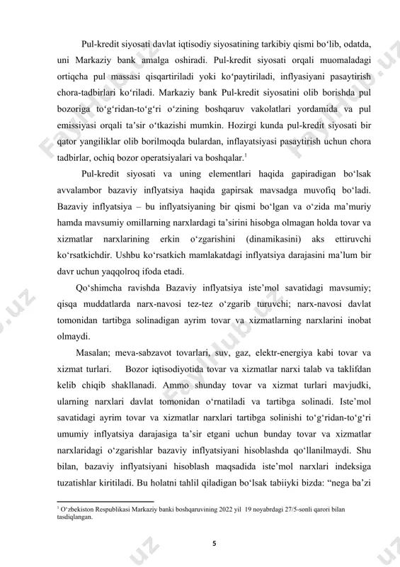 ek, narx-navosi tartibga solinadigan, qisqa muddatlarda о‘zgaruvchan hamda mavsumiy tovar va xizmat narxlaridagi о‘zgarishlar bazaviy inflyatsiyani hisoblashda inobatga olinmaydi. bunday tovar va xizmatlarning bazaviy inflyatsiyaga kiritilishi, yaqqol (sof) inflyatsiya darajasiga mutanosib ravishda aks etmasligi, shuningdek, pul-kredit siyosati borasida olib borilgan choralarning ta’sirchanligini baholashga imkon yaratmasligi mumkin. aynan bu tovar va xizmatlarni bazaviy inflyatsiyadan chiqarib tashlash, narxlari shok ta’sirida о‘zgaruvchi tovar va xizmatlarning dinamikasiga chalg‘imasdan pul-kredit siyosati choralarini umumiy narxlarga ta’sirini ajratib olishda qо‘l keladi. bazaviy inflyatsiyani hisoblashda bu kabi tovar va xizmatlar narxlaridagi о‘zgarishlarning kiritilmasligiga asosiy sabablar quyidagilar hisoblanadi: · tovar va xizmatlarning (uzum, shakar va shu kabilar) mavsum davomida narxi keskin о‘zgarishi; -tovar va xizmatlarning (masalan, import tovarlari) narx-navosi qisqa muddatlarda tez-tez о‘zgarib turishi iqtisodiyotda shok ta’sirga egaligi; · davlat tomonidan narx-navosi о‘rnatiladigan va tartibga solinadigan ayrim tovar va xizmatlar (masalan, bug‘doy, paxta yog‘i)ning inflyatsiya darajasiga tо‘g‘ridantо‘g‘ri ta’sir kо‘rsatishi. ochiq bozor operatsiyalari. bunday operatsiyalar deganda nimani nazarda tutamiz? inglizcha …