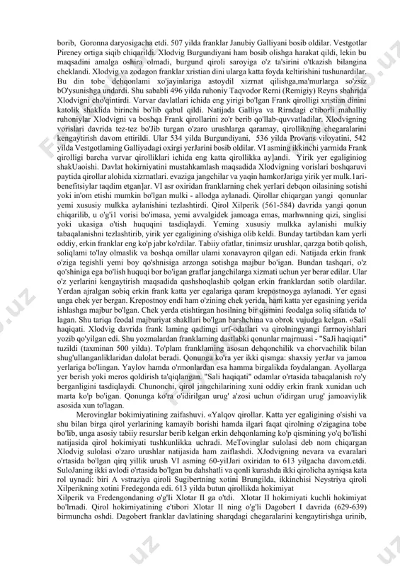 dir. feodal xususiy mulkchiligi o'rta asriaming birinchi yuz yilliklaridayoq xususiy ahamiyat kasb etgan va dehqonlaming ko'pchilik ommasi yer egalari - feodallarga qaram bo'lgan yevropadan farq qilib, sharqning bir qancha mamlakatlarida keyingi a'rta astlargacha yer feodal davlat (uning tepasida turgan hukmdor) ixtiyorida bo'lgan. davlat mulkchiligi bilan bir qatorda sharq mamlakatlarida davlat yer egaligi hisobidan xususiy yer egaligi ham mavjud bo'lgan. feodal yet egaligining bu ikki turi o'rtasidagi kurash o'rta asrlar sharqining butun tarixida boshdan oxirigacha davom etib keldi. bu tarix feodal hukmron toifalarining turti qatlamlari o'tasidagi ichki ziddiyatiami ochib berdi, bulaming har biri yerga egalik qilishning va qatam dehqonlami tobelikda ushlab turish usulining o'ziga qulay shakllarini joriy qilish uchun kurashar edi. dehqonlaming o'zlari ham yerga egalik qilishning shakllari uchun olib borilgan kurashga befarq qarab o'tinnadi. o'rta asrlarda sharqda dehqonlaming bo'lib turgan ko'p sonli ommaviy harakatlari yerga egalik qilish jarayoniga ham ma'lum darajada ta'sir ko'rsatib, xalq ommasi uchun juda og'ir bo'lgan yer …