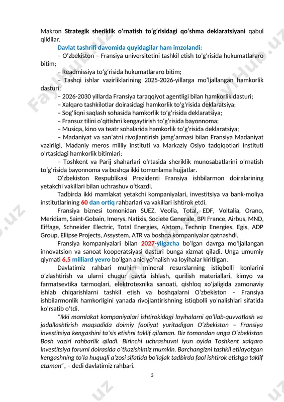 peratsiya aloqalarini yo‘lga qo‘yishga ko‘maklashish maqsadida o‘zbekiston – fransiya investitsiya kengashini ta’sis etish va uning birinchi yig‘ilishini joriy yil iyun oyida toshkent investitsiya forumi doirasida o‘tkazishni taklif etdi. shuningdek, hududlararo aloqalarni rag‘batlantirish maqsadida kelgusi yilda samarqand shahrida ikki mamlakat hududlarining birinchi forumini o‘tkazishga kelishib olindi. joriy yilda toshkent shahrida fransiyadan tajribali mutaxassislarni jalb qilgan holda o‘zbekiston – fransiya universiteti ochilishi ta’lim sohasidagi asosiy kelishuv bo‘lgani ta’kidlandi. rasmiy tashrif doirasida parij shahrida “ilm-fan va ta’lim: o‘zbekiston – fransiya ko‘prigi” mavzusida qo‘shma konferensiya bo‘lib o‘tdi. konferensiya doirasida ikki tomon oliy ta’lim muassasalari o‘rtasida 26 ta shartnoma, bitim, “yo‘l xaritasi, xalqaro loyiha va kelishuvlar imzolandi. ular qo‘shma ta’lim dasturlari, professor-o‘qituvchilar malakasini oshirish, talabalar almashinuvi va ilmiy hamkorlikni yanada rivojlantirishga qaratilgan. tizimli muloqotni yo‘lga qo‘yish va muvofiqlashtirish maqsadida tashqi ishlar vazirliklari boshchiligida iqtisodiy idoralarni jalb qilgan holda strategik rejalashtirish guruhini tuzishga kelishib olindi. prezident shavkat mirziyoyev prezident emmanuel makronni javob tashrifi bilan o‘zbekistonga kelishga …