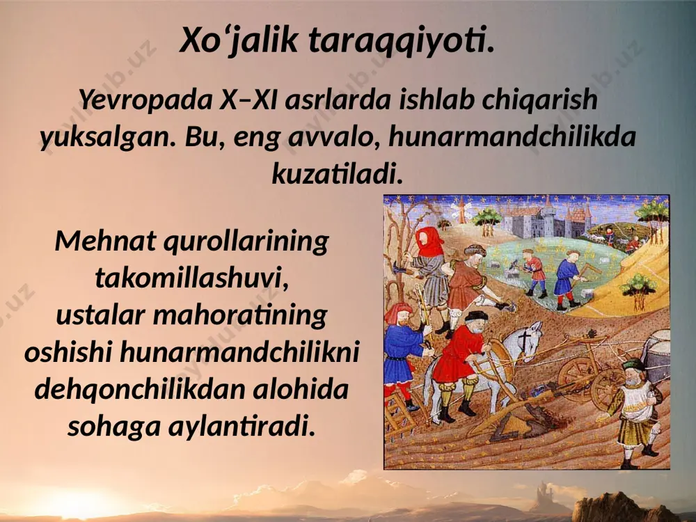 om talabiga binoan buyumlar faqat ma’lum namuna bo‘yicha yasalgan. sexni boshqarish uchun saylangan oqsoqol hunarmandlarning nizomga rioya qilishini, tayyorlangan buyumlarning sifati va sonini nazorat qilgan. hunarmandlar va savdogarlar orasidan badavlat sex boshliqlari ajralib chiqa boshlaydi. o‘rta asr hunarmandi yevropada sexlarning ham tabaqalanishi ro‘y berib: zargarlik, movutchilik va boshqa boy sexlar vujudga keladi. manbalarda yozilishicha, xiv–xv asrlarda florensiya, perudja, siena, kyolnda shahar kambag‘allari qo‘zg‘olonlari bo‘lib o‘tadi. savol va topshiriqlar 1. yevropada hunarmandchilikning qishloq xo‘jaligidan ajralib chiqishi sabablarini ko‘rsating. 2. shaharlarning vujudga kelish sabablari nimada edi? 3. yevropa mamlakatlarida yangi shaharlarning paydo bo‘lish omillarini so‘zlab bering. 4. o‘rta asr shaharlari hayoti, ko‘rinishi haqida nimalarni bildingiz? ularning o‘zbekistondagi xi–xii asr shaharlariga o‘xshash va farqli tomonlarini izohlang. image1.jpg image2.jpeg image3.emf image4.emf image5.emf image6.jpeg image7.emf image8.emf image9.jpeg image10.jpeg image11.jpeg image12.emf image13.jpeg image14.jpg
