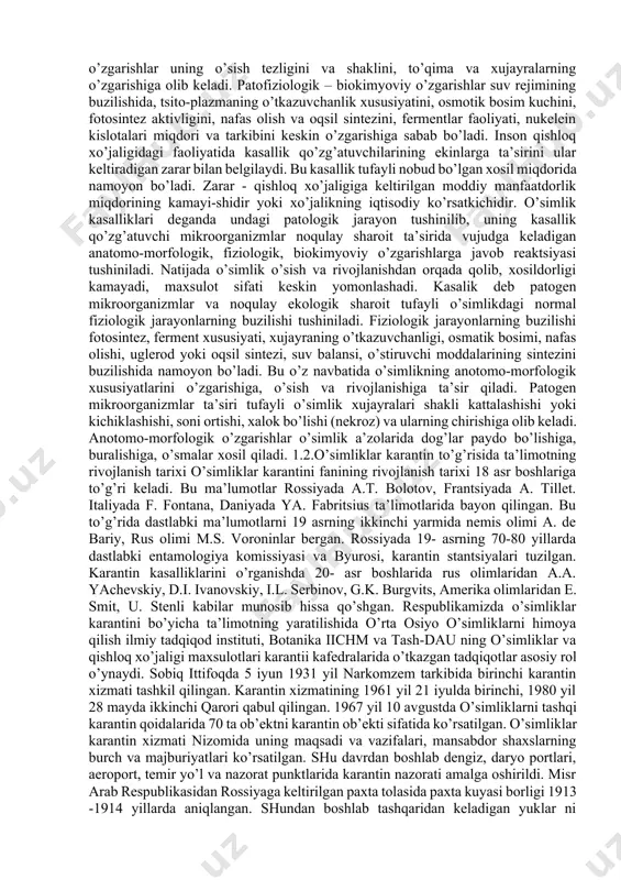 ab qo’yish va boshqa choralar (sanitariya ishlov berish, laboratoriyada tekshirish, immunlash, dezinfektsiya, dezinsektsiya, deratizatsiya) kiradi. aholi o’rtasida havfli infektsion kasalliklar, masalan, toun, vabo, chin chechak tarqalish havfi tug’ilganda ayrim kishilar, oilalar, kollektivlar (kvartiralar, hovli, uy, yotoqxona, harbiy qism, kema, eshelon va boshqalar) hatto mahallalar, qishloqlar va rayonlar karantinga olinishi mumkin. qaysi kasallikka qarshi karantin belgilansa, o’sha kasallikning inkubatsion davrga teng muddatda karantinni saqlash muddati belgilanadi. karantinga olinadigan kishilar (kollektivlar) qaysi bino, muassasada turgan bo’lsa, o’sha bino, muassasa ham ko’pincha karantinda deb e’lon qilinadi. o’y hayvonlari o’rtasida kasalliklar tarqalganda (epizootiya) ular ham karantinga olinadi. halqaro miqiyosdagi karantin tadbirlariga amal qilish va talablarni baja rish bo’yicha masalalar halqaro parij konventsiyasida (1926) ko’rsatilgan. fitosanitariya tadbirlari qatoriga patogen organizmni saqlovchi o’simlik qoldiqlarini yo’q qilish, g’alla ekinlari paholini yoqish, begona o’tlarini va ularning qoldiqlarini yo’q qilish, patogen organizmni saqlovchi tuproqni ximyoviy va fizik ishlov berish, kasallik tarqalishiga sabab bo’luvchi mehnat qurollari va mashina qismlarini dizenfektsiya …