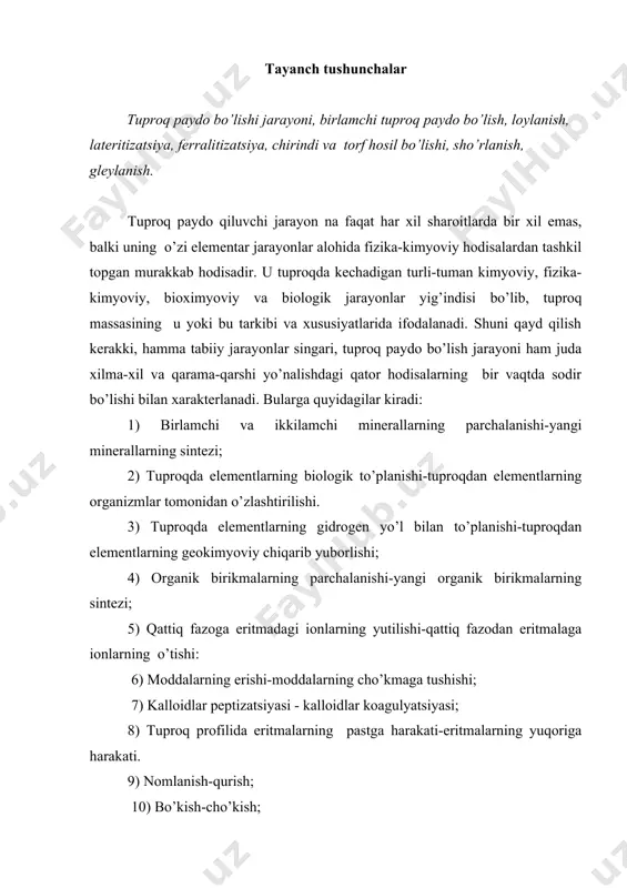 alan, birlamchi minerallarning uzluksiz parchalanishi va yangilarining vujudga kelishi). 2) ayrim organik moddalar (masalan, o’simlik va hayvon qoldiqlari) uning parchalanishi va aksincha boshqalarining hosil bo’lish (jarayoni masalan, gumin kislotalari, fulvokislotalari va sh.k), shuningdek, mikrob tanalari, o’simlik to’qimalari shaklida yirik-organik moddalarning vujudga kelishi. 3) nurash va tuproq paydo bo’lishi jarayonlarining har xil mahsulotlarning tuproq qatlamidan chiqarib yuborilishi yoki uning chegarasidagi harakati va tuproqqa, asosan biologik yo’l bilan atmosfera va nurash qobig’idan xilma-xil birikmalar (masalan, azot, har xil kul elementlari) ning keltirilishi. har qanday tabiiy tuproqda biofiziko-kimyoviy hodisalarning har uchala turi bir vaqtning ichida kechadi va rivojlanadi. lekin tuproq rivojlanishining har xil bosqichlarida va tashqi sharoitning u yoki bu birikmalarning ta‘siri ostida yuqorida qayd qilingan har bir guruh hodisalari nisbatan kuchliroq va yorqin namoyon bo’lishi mumkin. shu bilan birga tuproqda kechadigan bu hodisalar bir-birlari bilan uzviy bog’liq bo’lganlari uchun, u yoki bu jarayon yoki guruhlarning nisbiy kuchayishi u bilan o’zaro bog’liq bo’lgan …