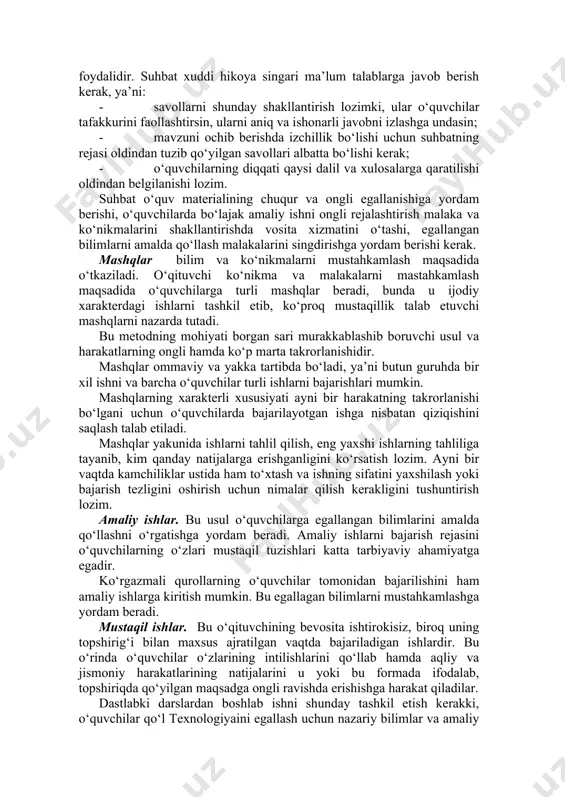 n zarur bo‘lgan sifatlar shakllanadi. og‘zaki bayon qilish usuli ikki xil ko‘rinishda bo‘lishi mumkin: 1. monologik bayon qilish. bunda faqat o‘qituvchi gapiradi, o‘quvchilar esa uning nutqini idrok etib, anglab oladilar. qo‘l texnologiyai darslarida u tushuntirish va hikoya qilish, instruktaj ko‘rinishida bo‘ladi. 2. dialogik bayon usuli. bu o‘qituvchi va o‘quvchilarning o‘zaro suhbatidir. tushuntirish va hikoya qilish. bu usulda materialni jonli va obrazli bayon qilishdir. bu holda yangi bilimni o‘qituvchining o‘zi beradi. ba’zan suhbat davomida o‘quvchilarning qanchalik o‘zlashtirayotganliklarini bilish maqsadida ularga savollar bilan murojaat etish maqsadga muvofiqdir. hikoya agar bajarilgan ishlar, natural rasmlar, fotosuratlar va shu kabilarni ko‘rsatib bajarilsa, anchagina tushunarliroq bo‘ladi. bu o‘rinda tushuntirayotganda “ko‘rsat va tushuntir” degan qoida bajariladi. yangi materialni bayon qilishda o‘quvchilarning bir xil emasligini nazarda tutish lozim. tushuntirishda o‘zlashtiruvchilarga alohida e’tibor berish lozim. hikoya qilish jarayonida ularning idroklarini faollashtirish maqsadida tushuntiralayotgan material yuzasidan bir-ikkita savol berish mumkin. suhbat usuli turli o‘quv maqsadlarda, ya’ni yangi dastur materialini bayon …