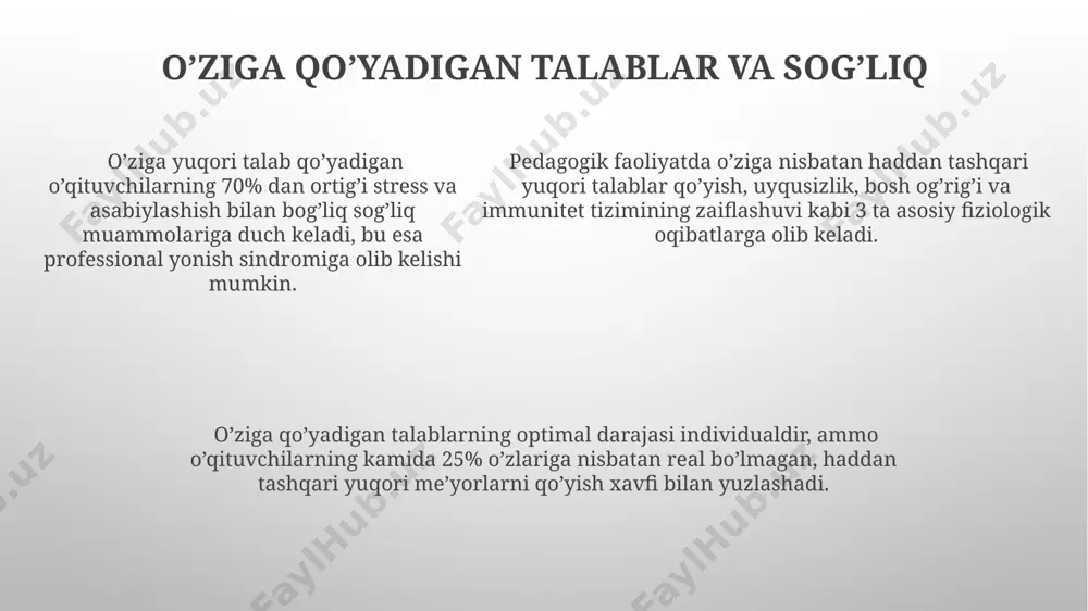 ya, verbal va nonverbal aloqa vositalarining uyg’unligi kabi omillar muhim rol o’ynaydi. o’qituvchining o’z-o’zini tarbiyalash o'z-o'zini tarbiyalash samaradorligini oshirish uchun o'qituvchi muntazam ravishda o'qish, treninglar va professional rivojlantirish dasturlarida qatnashishi, kamida oyiga 10 soat vaqt ajratishi tavsiya etiladi. o'qituvchi o'z-o'zini tarbiyalashda 5 ta asosiy kompetensiyani – kommunikativ, pedagogik, refleksiv, tashkiliy va innovatsion kompetensiyalarni rivojlantirishga e'tibor qaratishi zarur. o'qituvchi o'z-o'zini tarbiyalashda 5 ta asosiy kompetensiyani – kommunikativ, pedagogik, refleksiv, tashkiliy va innovatsion kompetensiyalarni rivojlantirishga e'tibor qaratishi zarur. haddan tashqari o’ziga qo’yadigan talablarning salbiy oqibatlari haddan tashqari talabchanlik, o’qituvchining o’ziga bo’lgan ishonchini 50% gacha pasaytirib, shaxsiy hayot sifati va ijtimoiy aloqalariga ham salbiy ta’sirini o’tkazadi. o’ziga nisbatan haddan tashqari yuqori me’yorlar qo’yish, o’qituvchining 40% dan ortiq vaqtini o’z-o’zini tanqid qilish va tashvishga berilishga sarflashga majbur qilib, psixologik sog’lig’iga salbiy ta’sir ko’rsatadi. haddan tashqari o’ziga qo’yadigan talablar o’qituvchida 30% gacha surunkali charchoq va 20% gacha professional burnout holatlariga olib kelishi mumkin, bu esa …