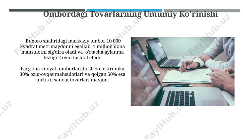 . тошкент шаҳридаги омборларда сақланаётган озиқ-овқат маҳсулотларининг 10%и сақлаш муддати тугагани сабабли хавфсизлик талабларига жавоб бермайди, бу эса истеъмолчиларга салбий таъсир кўрсатиши мумкин. kamchiliklar va muammolar ombor zaxirasi optimallashtirilmaganligi sababli, 10 ming dona mahsulotning saqlash sharoitlari buzilgan, natijada 7% mahsulot yaroqsiz holga kelgan. xorazm viloyati bo'yicha yetkazib berish muddati 5 kungacha cho'zilmoqda, bu esa mijozlarning shikoyatlarining 25% ni tashkil etadi va biznes obro'siga salbiy ta'sir ko'rsatadi. tovarlarni optimallashtirish ўзбекистоннинг 5 та вилоятидаги тадқиқотлар кўрсатдики, 30% компаниялар товарларни оптималлаштиришда эскирган усуллардан фойдаланади, бу эса фойданинг 10% гача камайишига олиб келади. товарларни оптималлаштиришда, 2023 йилдаги маълумотларга кўра, тошкент шаҳридаги улгуржи бозорлардаги 15% товар айланмаси пасайиши кузатилган, бу эса омборлардаги ортиқча захираларни кўрсатади. ombor xodimlarining vazifalari омбор ходимлари тошкентдаги 500 дан ортиқ товар номининг захираларини кузатиб, ҳар куни камида 2 марта инвентаризация жадвалини янгилаб боришлари керак. омбордаги 1000 дан зиёд буюмларнинг жойлашувини аниқ билиш учун, ходимлар маҳсулотларни сканерлаш ва электрон ҳисобга олиш тизимини …
