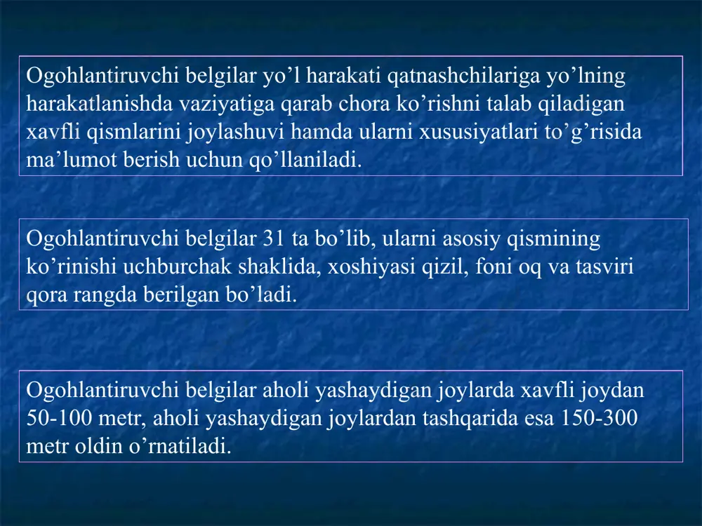 qizil ranglarda berilgan bo’ladi. 3.1-3.3, 3.18.1, 3.18.2, 3.19, 3.27 belgilarining belgilangan yo’nalishli transport vositalariga, 3.2-3.8 belgilari ta’sir oraligida yashovchi yoki ishlovchi fuqarolarga tegishli yoxud ularga va korxonalarga xizmat qiluvchi transport vositalariga dahli yo’q. bunday hollarda transport vositalari belgilangan joyga yaqin chorrahadan kirib yoki chiqib ketishlari kerak. ushbu qoidalarning 28.3 bandiga binoan «nogiron» taniqli belgisi bilan belgilangan avtomobillar va kajavali motog’ikllarni boshqarayotgan nogiron haydovchilar 3.2, 3.3 va 3.28 belgilari talablaridan chetga chiqishlari mumkin. 7.18 qo’shimcha axborot belgisi bo’lganda 3.27 belgining ta’siri oraligida to’xtashga ruxsat etiladi. 3.28-3.30-belgilari taksometri ishlab turgan taksilarga dahli yo’q. 3.18.1 va 3.18.2 belgilari qatnov qismlarining qaysi kesishmasi oldiga o’rnatilsa, shu kesishmaga tadbiq etiladi. 3.16, 3.20, 3.22, 3.24, 3.26-3.30 belgilarining ta’siri belgi o’rnatilgan joydan keyingi eng yaqin chorrahagacha, chorrahasi bo’lmagan aholi yashaydigan joylarda aholi yashaydigan xududning oxirigacha, yo’lga yondosh xududlardan dala va o’rmonlarning yo’l bilan tutashgan hamda ikkinchi darajali yo’llardan chiqish joylarida, ularning oldida tegishli belgilar o’rnatilmagan bo’lsa, bu …