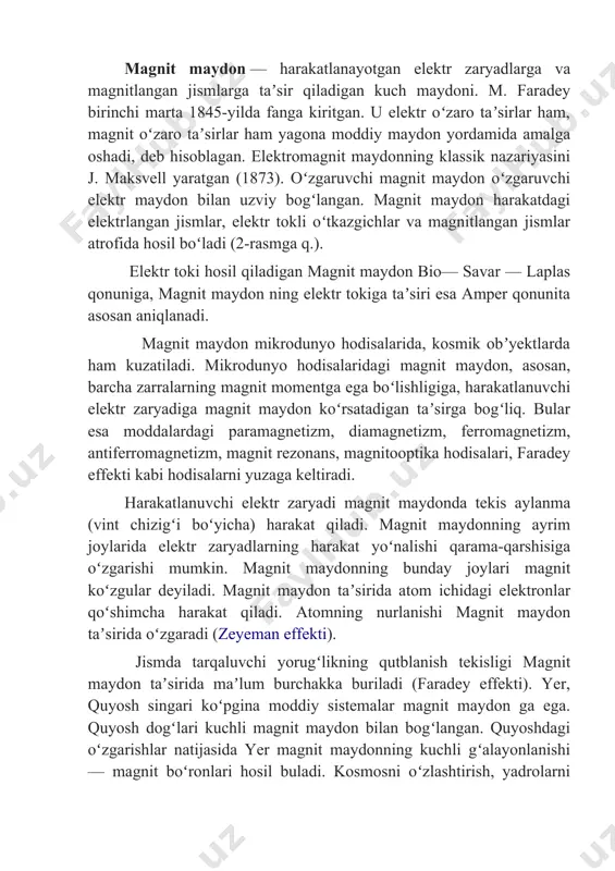 l elektromagnit maydon nazariyasini elektromagnit hodisalarning barcha asosiy qonuniyatlarini ifodalovchi bir necha tenglamalar sistemasi koʻrinishida ifodalagan (1860). j. maksvell nazariyasining asosida elektr va magnit maydonlarning oʻzaro uzviy bogʻlanishda ekanligini ifodalovchi ushbu 2 gʻoya yotadi: 1) vaqt davomida oʻzgaruvchi har qanday magnit maydon elektr maydonni yuzaga keltiradi 2) vaqt davomida oʻzgaruvchi har qanday elektr maydon magnit maydonni yuzaga keltiradi. quyida elektr va magnit maydonlari energiyalari orasidagi bog’lanish tavsiflangan: j. maksvellning birinchi gʻoyasi toʻgʻriligini elektromagnit induksiya hodisasi tasdiqlaydi, ikkinchisini esa g. gers elektromagnit toʻlqinlarni kashf qilishi bilan isbotladi. maxsus shart-sharoitlarda elektromagnit maydon elektr maydon yoki magnit maydon koʻrinishida mavjud boʻlishi mumkin. moddiy jismlar tarkib topgan atomlar teng miqdordagi musbat va manfiy elektr zaryadlarga ega. atomdagi bu zaryadlarning elektromagnit maydon orqali oʻzaro taʼsir qilishi har qanday holatdagi jism (gaz, suyuqlik, qattiq jism, plazma)ning xususiyatlarini belgilaydi. elektromagnit oʻzaro taʼsir tabiatda mavjud uch xil fizik oʻzaro taʼsirlarning biri hisoblanadi. zaryadlarning fazoda qanday taqsimlanganligi va qanday …