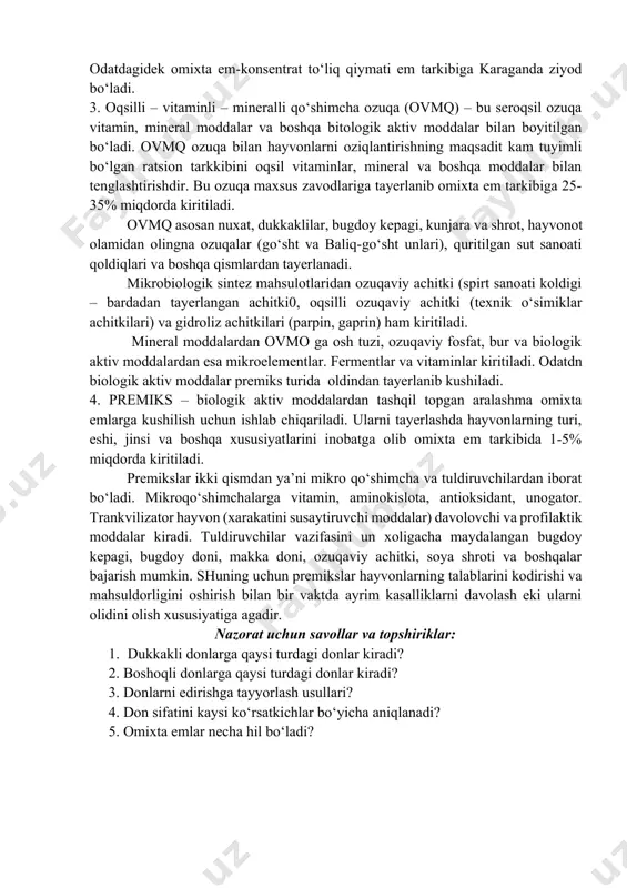 mo‘yna hayvonlar 100 dan 109 gacha laboratoriya hayvonlar 120-129 gacha bir tur hayvonlar uchun yana qo‘shimcha retseptlar quyidagicha rakamlanadi. misol, qoramolar uchun: sog‘in sigirlar 60 sutdan chiqqan va bug‘oz chigirlar 61 1 oylik 6 oygacha bo‘lgan buzoqlar 62 6 oydan 12 oygacha bo‘lgan qoramol 63 12 oydan 18 oygacha qoramol 64 bo‘rdoqiga boqiladigan qoramol 65 nasilli buqalar 66 quyidagi omixta em turlari ishlab chiqariladi: 1. to‘liq qiymatli omixta em. bu tur emlar hayvonlarning barcha to‘yimli va biologik aktiv moddalarga bo‘lgan talabini ozuqalarbilan qondirishi lozim. to‘liq qiymatli omixta em bilan odiqlantirishda hayvonlarning mahsuldorligi va sog‘ligini saqlash, bundan tashqari mahsulot ishlab chiqarish uchun sarf bo‘lagn to‘yimli moddalar miqdori oshmasligi ko‘zda kutiladi. 2. kuchli omixta em (konsentrat) – b tur xar hil hayvonlar turi uchun tayerlanib, ularni oziqlantirishda asosiy ratsionning tuyililigini oshirish foydalaniladi. odatdagidek omixta em-konsentrat to‘liq qiymati em tarkibiga karaganda ziyod bo‘ladi. 3. oqsilli – vitaminli – mineralli qo‘shimcha ozuqa (ovmq) – …