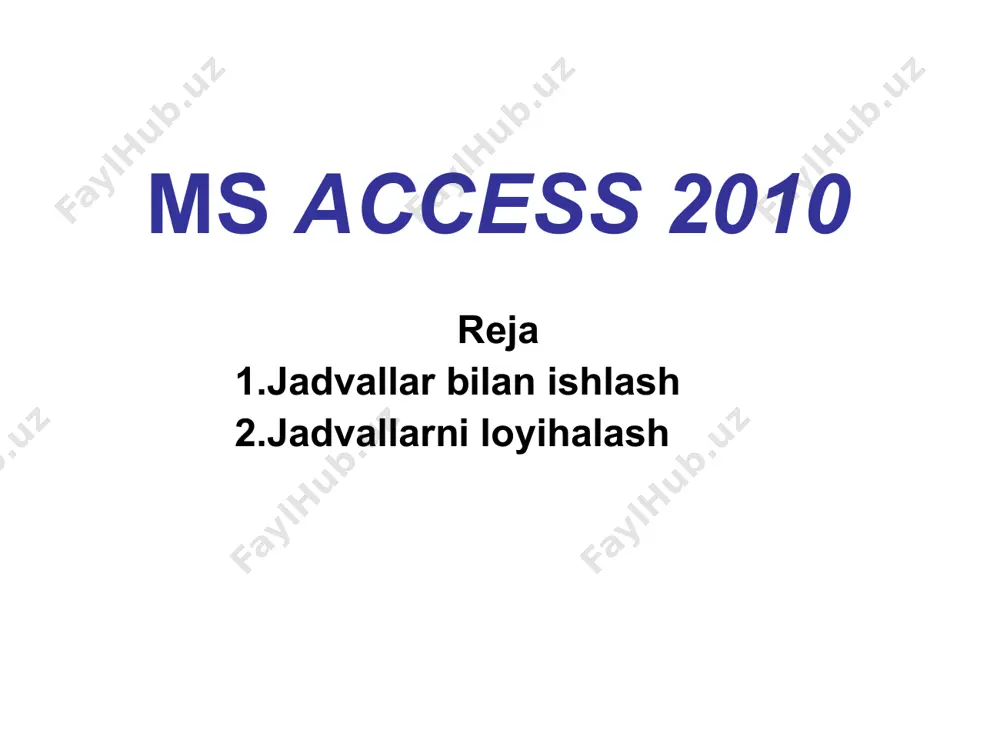 mos rusumi ga o’zgartiriladi. shu kabi boshqa maydonlarni turi va nomimi kiritiladi. * * jadval maydonlariga ma’lumot kiritishni yengillashtiruvchi ayrim amallar ctrl + ” (qo’shtirnoq) – yuqorisidagi qo’shni katakda joylashgan ma’lumot nusxasini joriy katakda hosil qilish ctrl + ; - katakda joriy sanani hosil qilish ctrl + shift + : - katakda joriy vaqtni hosil qilish * to’ldirilgan jadval ustida bajariladigan amallar 1. maydon ustidagi amallar lacetti * 2. maydondagi ma’lumotlarni filtrlash amallari matnli maydonlar uchun lacetti * 2. maydondagi ma’lumotlarni filtrlash amallari sonli maydonlar uchun * * jadval loyixalovchisi(конструктор) rejimi konstruktor rejimiga o’tish jadval rejimiga o’tish konstruktor rejimi jadval rejimi lacetti * * * jadval loyixalovchisi(конструктор) kalit maydoni maydon turi (ro’yhatdan tanlanadi) joriy maydon xossalari joriy maydon * * * jadval loyixalovchisi(конструктор) konstruktor rejimida jadval rejimida lacetti * * * jadval bilan ishlash maydonlar yozuvlar joriy yozuv tanlash sohasi yangi yozuv 1-yozuvga o’tish avvalgi yozuvga joriy yozuv nomeri navbatdagi …