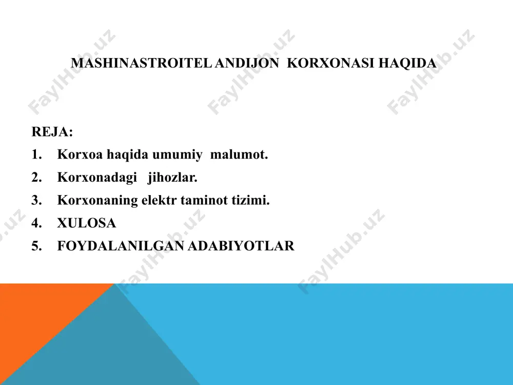 . demak, elektr energiyasini tejash ishlab chiqariladigan mahsulotning arzonlashishiga va mahsulotning raqobat bardoshligiga olib keladi. elektr qurilmalari deganda elektr energiyasini ishlab chiqaruvchi, transformatsi yalovchi, uzatuvchi, tarqatuvchi, boshqa turdagi energiyaga aylantiruvchi, tok turini, chastotasini va fazalar sonini o'zgartiruvchi mashinalar, apparatlar, liniyalar va qo'shimcha jihozlar tushuniladi. elektr qurilmalari tokning turi (o'zgaruvchi va o'zgarmas), kuchlanishi (1kv gacha, 1 kv dan yuqori) va ishlatilishi bo'yicha turli guruhlarga bo'linadi. mashinastroitel andijon korxonasi elektr energiyasi bilan taminlanishi bo’yicha 2 –toifa istemolchilariga kiradi.unda birinchi linyadan tok uzilsa ikkinchi linya tok bilan taminlab berishi kerak. 2-toifali elektr iste'molchilari-bunday elektr iste'molchilarining elektr ta'mi- notidagi uzilish ko'plab mahsulotlarni ishlab chiqarilmasligiga, ishchilarning omma- viy turib qolishiga, mexanizmlar va sex transportini ishlamasligiga olib keladi. mashinastroitel andijon korxonasi mashinlarga extiyot qismlari ishlab chiqarish bilan shug’ullanadi . u hoxirda cobalt , tracker, onix, gentra kabi mashinalarga 20 dan ortiq detal ishlb chiqaradi. hozirda bu korxonada 20 ta press,1 ta qaychi, 1 ta kran balka …