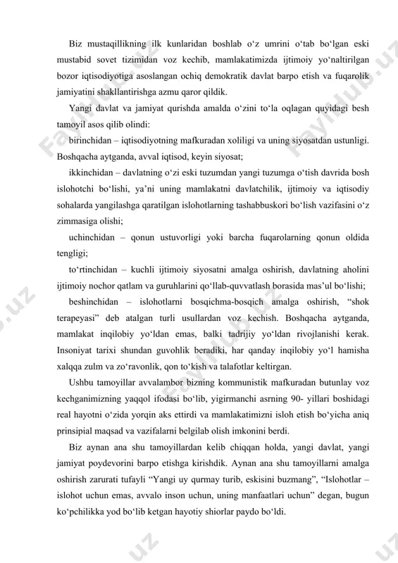 akatimizni isloh etish bo‘yicha aniq prinsipial maqsad va vazifalarni belgilab olish imkonini berdi. biz aynan ana shu tamoyillardan kelib chiqqan holda, yangi davlat, yangi jamiyat poydevorini barpo etishga kirishdik. aynan ana shu tamoyillarni amalga oshirish zarurati tufayli “yangi uy qurmay turib, eskisini buzmang”, “islohotlar – islohot uchun emas, avvalo inson uchun, uning manfaatlari uchun” degan, bugun ko‘pchilikka yod bo‘lib ketgan hayotiy shiorlar paydo bo‘ldi. shuni alohida ta’kidlash kerakki, mamlakatimizni isloh etish va yangilashga qaratilgan dasturiy vazifalarni bajarishda biz milliy qadriyatlarimiz, urf-odat va an’analarimizni saqlashga, xalqimizning asrlar davomida shakllangan mentalitetiga hurmat bilan munosabatda bo‘lishga katta e’tibor qaratdik. shu bilan birga, muvaffaqiyatli va barqaror rivojlanadigan zamonaviy demokratik davlat qurishning o‘zini oqlagan jahon tajribasini chuqur o‘rganish va qabul qilish ham diqqatimiz markazida bo‘ldi. ma’lumki, sssr parchalanib ketganidan keyin sobiq sovet hududida juda keskin va tahlikali vaziyat yuzaga keldi. bu esa boshboshdoqlikning oldini olish, huquq-tartibotni saqlash va aholining eng zarur, birinchi galda, oziq-ovqat mahsulotlariga …