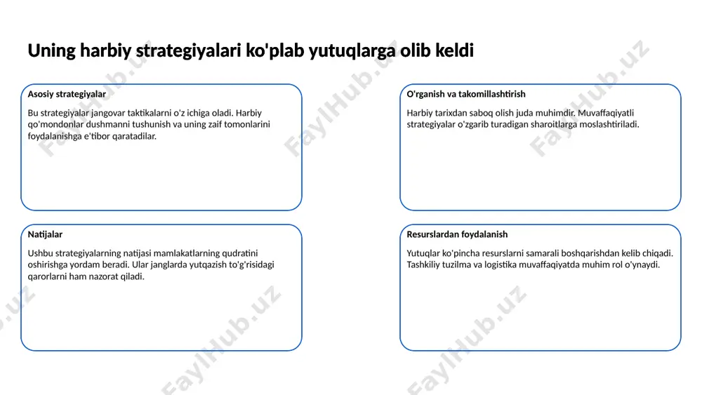 hozirgi avlodlar uchun muhimdir hozirgi avlodlar uchun ahamiyati amir temurning merosi bugungi avlodlarga tarixiy saboqlarni taqdim etadi. u jasorat va bilimga intilishni ta'kidlaydi. 6 uning davrida ilm-fan rivojlandi va qo'llab-quvvatlandi ilmiy yutuqlar uning davrida matematik, astronomik va tabiiy fanlar sohasida muhim yutuqlar sodir bo'ldi. ushbu ilmiy yutuqlar inson tafakkurining rivojlanishiga xizmat qildi. uning davrida ilm-fan rivojlandi va qo'llab-quvvatlandi ilm-fan rivoji ilm-fan rivoji uchun asosiy sharoitlar yaratildi. ilmiy tadqiqotlar va tajribalar uchun keng imkoniyatlar berildi. uning davrida ilm-fan rivojlandi va qo'llab-quvvatlandi qo'llab-quvvatlash davlat tomonidan ilmiy ishlar va olimlarga moliyaviy yordam ko'rsatildi, barcha sohalarda innovatsiyalarni qo'llab-quvvatlashga e'tibor berildi. uning davrida ilm-fan rivojlandi va qo'llab-quvvatlandi 7 tarixiy shaxslar va ularning roli o'rganilishi zarur tarixiy shaxslarning ahamiyati tarixiy shaxslar jamiyatning shakllanishida katta rol o'ynaydi. ular o'z davrida ma'naviy va ijtimoiy rivojlanishga ta'sir ko'rsatgan. tarixiy shaxslar va ularning roli o'rganilishi zarur o'qingan shaxslar masalan, amir temur va jaloliddin manguberdi kabi shaxslar o'z xalqining tarixida muhim …