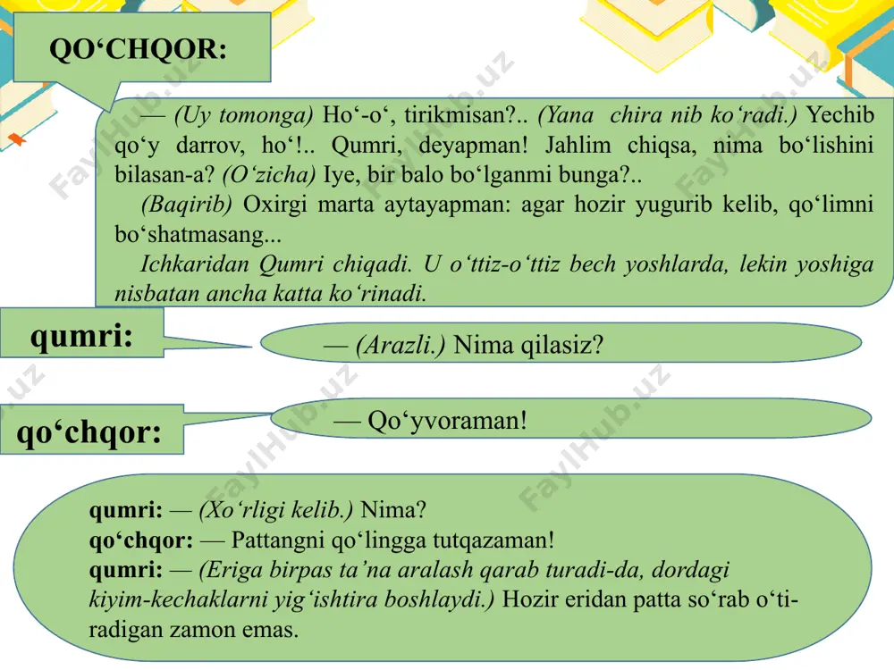 quritib qo‘ygan o‘zi — jasadni qara, shaqir-shuqur suyak... yo‘q, bunaqada peshinga bormayman, qumri... qumri: —(achinib.) yecholmayman, dadasi, mendan xafa bo‘lmang... qishloqning oqsoqollari tushlik payti kelamiz, bo‘lmasa dumini ushlatmaydi, deb ketishdi... * * * olimjon: — siz, qo‘chqor aka, olimlarni ja yerga uravermang. biz ham bir nimalar qilib yurgandirmiz. mana, men yetti yil umrimni ana shu robotga bag‘ishladim. yetti yil-a! nihoyat, qo‘chqor aka, birin chi tajriba nusxasi tayyor bo‘ldi. laboratoriya sinovidan yaxshi o‘tdi, endi tabiiy sharoitda, ya’ni dalada sinab ko‘ramiz. (yashikning atrofida ham hayajon, ham faxr bilan aylanadi. olimjon yashikning qopqog‘ini ochadi, u yerda qo‘g‘irchoqqa o‘xshab ketadigan, nihoyatda go‘zal qiz qotib turardi. badaniga silliq yaltiroq mato tortilgan.) qo‘chqor: — (hayratdan og‘zi ochilib.) vo-o… nima bu? olimjon: — qalay?... qo‘chqor:—(yaqinroq borib tikiladi, ushlab ko‘radi.) alomat, alomat!.. olimjon: — yashang, qo‘chqor aka! qarang, bunga nom topolmay yuruvdim! demak, “alomat — i”! e, bormisiz, qo‘chqor aka! qo‘chqor: — nega “bir”? olimjon: — keyin “ikki”, …