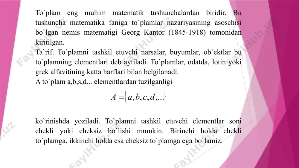 bo`la oladi. to`plamlar sistemasi uchun xuddi shunday rolni , munosabatlar o`ynaydi. ta`rif. agar x to`plamining istalgan x va u elementlari uchun bir vaqtda xpy va ypx bajarilishidan yx kelib chiqsa, bunday r munosabat antisimmetrik munosabat deb aytiladi. ta`rif. x to`plam ichida refleksivlik, antisimmetrik va tranzitivlik xossalariga ega bo`lgan r munosabatga x to`plamdagi qisman tartiblash munosabati deb aytiladi. har qanday refleksiv va tranzitiv munosabatga tartiblash munosabati deb aytiladi. qisman tartiblash munosabati  simvoli bilan belgilanadi. agar  munosabati x to`plamni qisman tartiblasa, u vaqtda x to`plamning istalgan x va u elementlari uchun yx munosabati bajarilishi ham mumkin, bajarilmasligi ham mumkin. xuddi shunday, agar yx va yx bo`lsa, u vaqtda yx deb yoziladi va x u dan kichik deb aytiladi. qisman tartiblash munosabati  simvoli bilan belgilanadi. agar  munosabati x to`plamni qisman tartiblasa, u vaqtda x to`plamning istalgan x va u elementlari uchun yx munosabati bajarilishi ham mumkin, bajarilmasligi ham mumkin. …