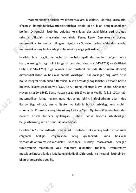 odalaydi ( 1-chizma). 1- chizma eslatma. ichki s nuqtada f’(s)=0 bo‘lsa ham bu nuqtada f(x) funksiya eng katta (eng kichik) qiymatni qabul qilmasligi mumkin. masalan, f(x)=2x3-1, x(-1;1) da berilgan bo‘lsin. bu funksiya uchun f’(0)=0 bo‘ladi, lekin f(0)=-1 funksiyaning (-1;1) dagi eng katta yoki eng kichik qiymati bo‘lmaydi. roll teoremasi. (roll teoremasi). agar f(x) funksiya [a;b] kesmada aniqlangan bo‘lib, quyidagi 1) [a;b] da uzluksiz; 2) (a;b) da differensiallanuvchi; 3) f(a)= f(b) shartlarni qanoatlantirsa, u holda f’(c)=0 bo‘ladigan kamida bitta c (a m, bu holda teoremaning f(a)=f(b) shartidan funksiya m yoki m qiymatlaridan kamida birini [a,b] kesmaning ichki nuqtasida qabul qilishi kelib chiqadi. aniqlik uchun f(c)=m bo‘lsin. eng kichik qiymatning ta’rifiga ko‘ra x[a,b] uchun f(x)f(c) tengsizlik o‘rinli bo‘ladi. endi f’(c)=0 ekanligini ko‘rsatamiz. teoremaning ikkinchi shartiga ko‘ra f(x) funksiya (a;b) intervalning har bir x nuqtasida chekli hosilaga ega. bu shart, xususan c nuqta uchun ham o‘rinli. demak, ferma teoremasi shartlari bajariladi. bundan f’(c)=0 …