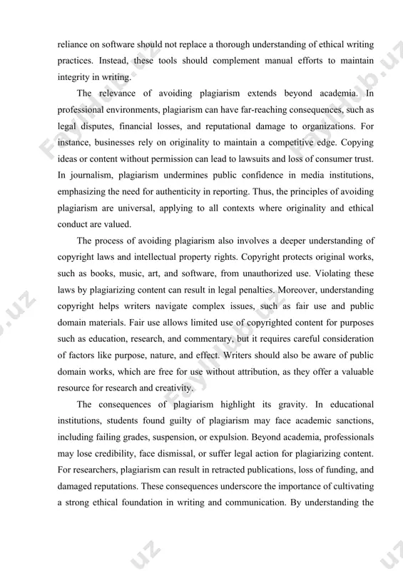 s writers identify similarities between their work and existing content. these tools are especially useful for ensuring originality in research papers, essays, and professional documents. however, reliance on software should not replace a thorough understanding of ethical writing practices. instead, these tools should complement manual efforts to maintain integrity in writing. the relevance of avoiding plagiarism extends beyond academia. in professional environments, plagiarism can have far-reaching consequences, such as legal disputes, financial losses, and reputational damage to organizations. for instance, businesses rely on originality to maintain a competitive edge. copying ideas or content without permission can lead to lawsuits and loss of consumer trust. in journalism, plagiarism undermines public confidence in media institutions, emphasizing the need for authenticity in reporting. thus, the principles of avoiding plagiarism are universal, applying to all contexts where originality and ethical conduct are valued. the process of avoiding plagiarism also involves a deeper understanding of …