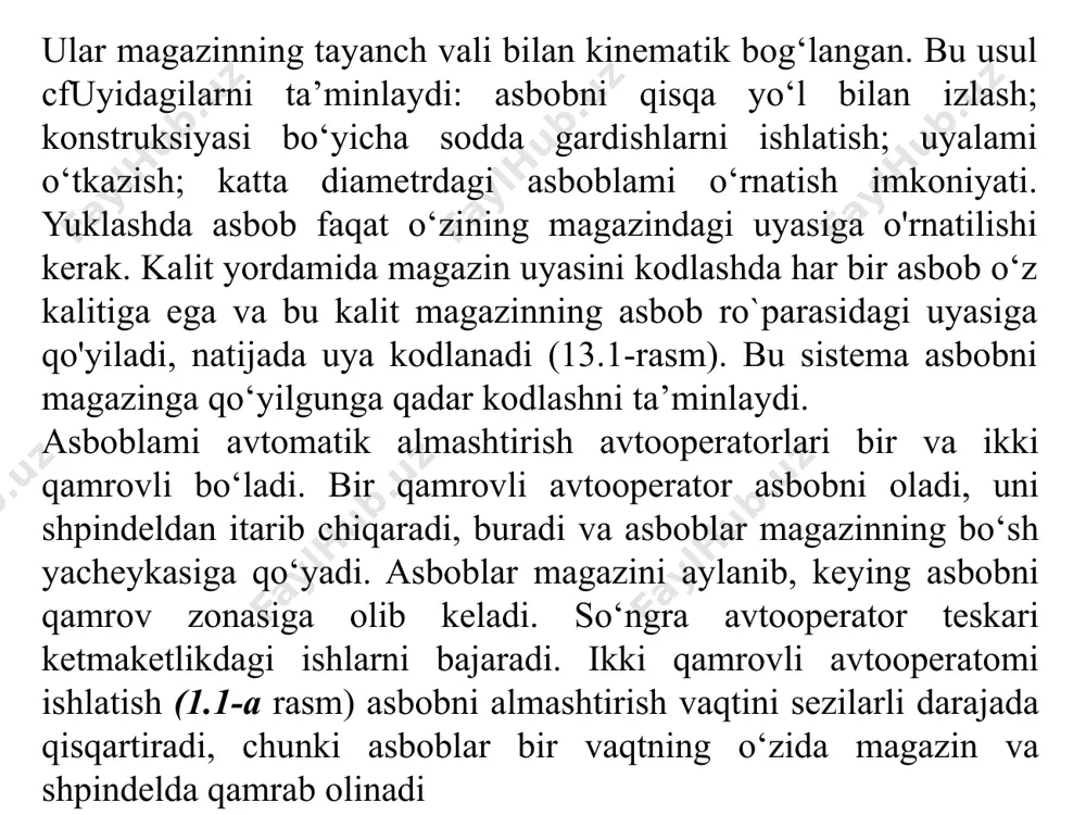 magazinning qo‘shni uyalarida joylashgan asboblarga tegib ketishi mumkin. buning oldini olish uchun uyalar orasidagi masofa uzaytiriladi, shuning uchun magazin sig'imi (asboblaming bir xil diametrida) 2 sxema bo'yicha ishlaganda 1 sxema bo‘yicha ishlaganga qaraganda kam bo‘ladi. avtooperatorlar yuritmasi sifatida mexanik va gidravlik qurilmalardan foydalaniladi. detalni qoralama frezalashni kichik diametrli freza yon sirti bilan amalga oshirish ayni muddao. bu holda, frezaning kesish kuchi va stol vibratsiyasini (tebranishini) kamaytirish maqsadida ketma-ket yurishlari orqali bajariladi. natijada ishlov berish aniqligi ortadi. kvd larda katta diametrdagi frezalardan foydalanish maqsadga muvofiq emas, chunki bunday frezalar asboblar magazinining qo‘shni yacheykalarini berkitib qo‘yadi, ya’ni uning sig‘imini kamayishiga sabab bo‘ladi. bundan tashqari, avtooperator yordamida katta o‘lchamli asboblarni almashtirish qiyinlashadi. yaxshi bo‘lmagan tekisliklami frezalash kichik diametr konturi bo‘ylab bajarish maqsadga muvofiq. kvd larida ishlash, o‘tkirlash va frezalash rdb dastgohlarida ishlashga qaraganda murakkab hisoblanadi. bunga sabab, asboblami avtomatik almashtirish qurilmasi bilan jihozlangan kvd konstruksiyasining murakkabliligidir. shuning uchun kvd da ishlaydigan operator boshqa …
