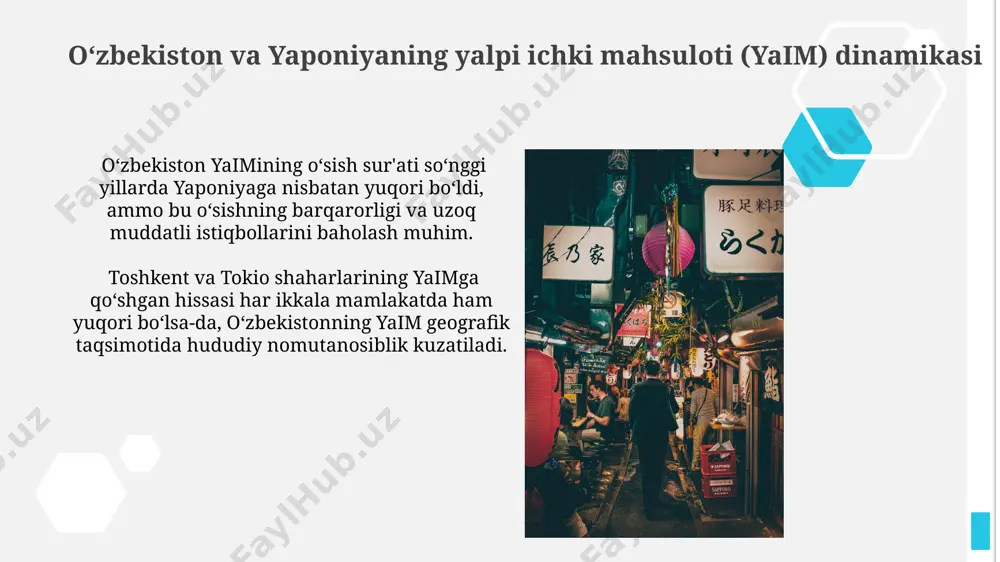 rining asosiy manbalari orasida xitoy, rossiya va janubiy koreya mavjud boʻlsa, yaponiya esa jahon miqyosida yirik investor hisoblanadi, koʻplab mamlakatlarga investitsiya qiladi. oʻzbekiston va yaponiyaning ta'lim darajasi oʻzbekiston va yaponiya oʻrtasida ta'lim sohasidagi hamkorlik dasturlari mavjud boʻlib, 2022-yilda ikki mamlakat oʻrtasida 500 dan ortiq talaba almashinuvi amalga oshirilgan, ammo bu raqam ikki mamlakatning potentsial imkoniyatlariga nisbatan ancha kam. yaponiyaning tokio shahrida joylashgan universitetlar dunyodagi eng nufuzli oliy oʻquv yurtlari roʻyxatida yuqori oʻrinlarni egallaydi, oʻzbekistonda esa bu koʻrsatkich ancha past boʻlib, xalqaro reytinglarda yuqori oʻrinlarni egallagan universitetlar soni cheklangan. oʻzbekiston va yaponiyaning energiya iste'moli yaponiyaning umumiy energiya iste'moli oʻzbekistonga nisbatan ancha yuqori, taxminan 5 baravar koʻp, ammo har bir kishiga toʻgʻri keladigan iste'mol yaponiyada ancha yuqori. oʻzbekistonda energiya iste'molining 70% dan ortigʻi tabiiy gazga toʻgʻri keladi, yaponiyada esa bu koʻrsatkich ancha past boʻlib, yadro energiyasi va import qilingan yoqilgʻilarga tayanadi. oʻzbekiston va yaponiyaning qashshoqlik darajasi jahon banki maʼlumotlariga koʻra, 2020-yilda oʻzbekistonda …