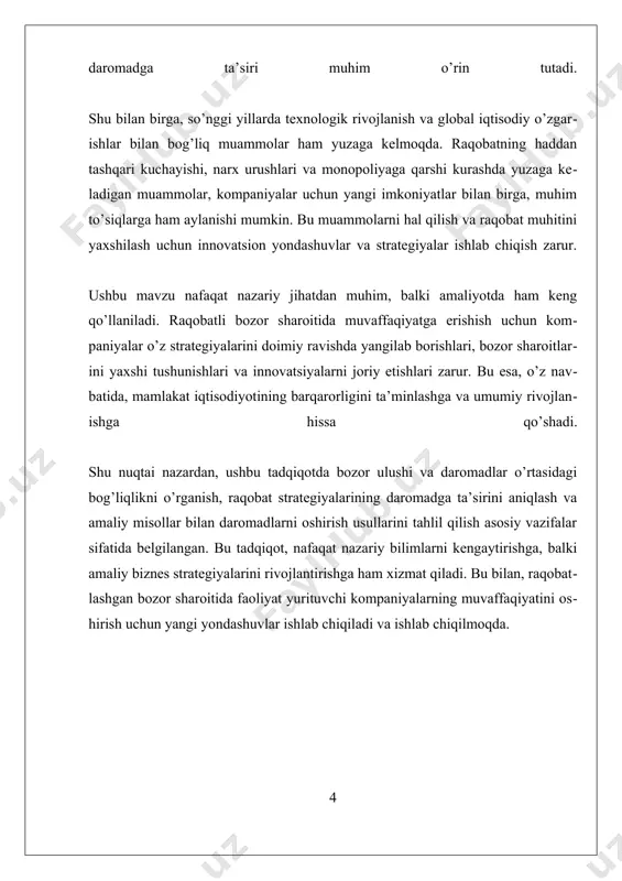 ili orqali bozor ulushi va daromadlar o‘rtasidagi statistik bog‘liqlik aniqlanadi. bu tahlillar shuni ko‘rsatadiki, yuqori bozor ulushiga ega bo‘lgan kompaniyalar odatda, yuqori daromadlar bilan ajralib turadi, bunda ular bozor narxlarini shakllantirish va innovatsiyalarni qo‘llash imkoniyatiga ega bo‘lishadi. bundan tashqari, real amaliyotda, kompaniyalar bozor ulushini kengaytirish uchun turli strategiyalarni qo‘llashadi. bu strategiyalar orasida mahsulot diversifikatsiyasi, marketing va reklama kampaniyalari, narx siyosati va innovatsiyalar muhim o‘rin tutadi. masalan, texnologik innovatsiyalar orqali mahsulot sifatini oshirish, xaridorlar sonini kengaytiradi va bozor ulushini ko‘paytiradi, bu esa o‘z navbatida daromadlarni oshirishga olib keladi. xulosa qilib aytganda, raqobatli bozor sharoitida bozor ulushi va daromadlar o‘rtasidagi bog‘liqlik katta ahamiyatga ega va bu bog‘liqlikni tushunish kompaniyalarga raqobat strategiyalarini ishlab chiqishda yordam beradi. bozor ulushining oshishi odatda, daromadlarning ham ko‘payishiga olib keladi, lekin bu bog‘liqlikni to‘liq tushunish uchun, bozor sharoitlari, kompaniyaning strategiyasi va iqtisodiy muhitni ham hisobga olish zarur. bu esa, raqobat muhitida muvaffaqiyatli faoliyat yuritish uchun asosiy omil bo‘lib …