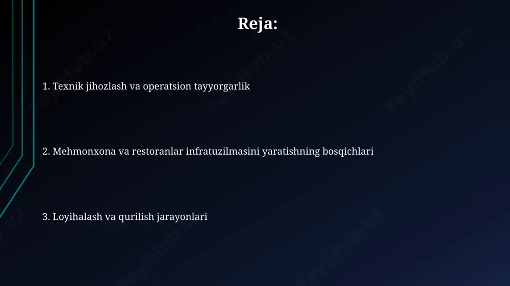 hun joy tanlashda, yerning geologik xususiyatlarini va 1500 kvadrat metrdan kam bo'lmagan maydonning mavjudligini baholash muhim. toshkentdagi 5 yulduzli mehmonxona uchun sayt tanlashda, 1000 dan ortiq potentsial mijozlarning demografik ma'lumotlarini va transport infratuzilmasini (yo'l, metro yaqinligi) tahlil qilish zarur. loyihalash va dizayn bosqichlari dizayn bosqichida, samarqanddagi restoran uchun 3d modellashtirish va zamonaviy me'moriy uslublar qo'llanilib, ichki va tashqi makonlarning estetik dizayni yaratilishi rejalashtiriladi. xitoy texnologiyalaridan foydalanib, buxoro shahridagi kichik mehmonxonaning qurilishida 150 kv.m maydonni egallaydigan, 10 ta xonadan iborat blok-modulli tuzilmalardan foydalanish rejalashtirilgan. axborot texnologiyalari va aloqa tizimlari oʻzbekistondagi 5 yulduzli mehmonxonalarning 80% dan ortigʻi yuqori tezlikdagi wi-fi tarmogʻi va 1000 mbit/s dan yuqori internet ulanishi bilan taʼminlangan. samarqanddagi tarixiy mehmonxonalar zamonaviy ip-telefon tizimlarini joriy etib, qoʻngʻiroqlarni boshqarish samaradorligini 15% ga yaxshilashdi. mehmonxona va restoranlar infratuzilmasining rejalashtirilishi samarqanddagi 5 yulduzli mehmonxonaning infratuzilmasi loyihasi, 200 dan ortiq xona va 3 ta restoranni o'z ichiga olgan holda, 15 gektar maydonni egallaydi. toshkent …