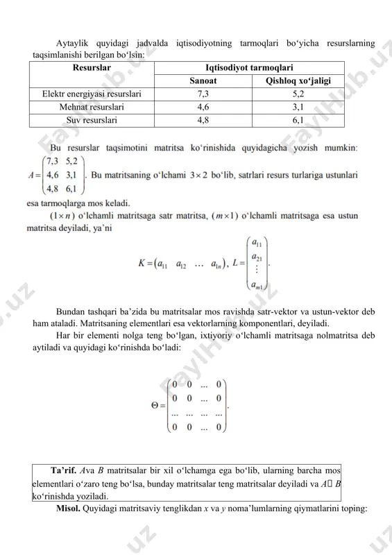 ij elementlardan tuzilgan m n oʻlchamli a matritsa texnologik matritsa deb ataladi. 1-turdagi mahsulotdan x1 miqdorda, 2-turdagi mahsulotdan x2 miqdorda, ..., n turdagi mahsulotdan xn birlik miqdorda ishlab chiqarilishi talab qilinsin. bu rejani ma’nosidan kelib chiqadigan boʻlsak, har qanday x rejaning elementlari musbat sonlardan iborat boʻlishi zarur. ta’rif. a matritsaning rangi, deb noldan farqli matritsa osti minorlarining eng katta tartibiga aytiladi va rang a r a( ) koʻrinishida ifodalanadi. matritsa rangining xossalari: 1) agar a matritsa m n oʻlchovli boʻlsa, u holda ranga min(m n); 2) a matritsaning barcha elementlari nolga teng boʻlsa, u holda ranga=0; 3) 3) agar a matritsa n-tartibli kvadrat matritsa va a 0 boʻlsa, u holda ranga= n. yechish. berilgan matritsa (3x2) oʻlchamli boʻlgani uchun satrlar va ustunlar sonini taqqoslaymiz va kichigini, ya’ni 2 ni tanlaymiz. matritsadan ikkinchi tartibli minorlar ajratamiz va ularning qiymatini hisoblaymiz. bu jarayonni noldan farqli ikkinchi tartibli minor topilguncha davom ettiramiz: berilgan …
