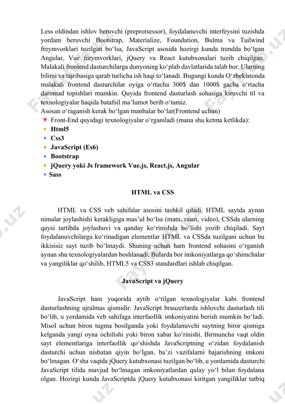 akomillashtirish, qo‘shimcha imkoniyatlar qo‘shish va bu o‘zgartirishlarni dasturchi o‘ylagandan ham oson usulda amalga oshirish mumkin. agar siz html, css, bootstrap va javascriptni biladigan frontend dasturchi bo‘lsangiz, bugungi kunda yurtimizda oyiga o‘rtacha 100$ dan 300$ gacha daromad topishingiz mumkin. bordiyu siz yuqorida sanab o‘tilganlardan tashqari angularjs, reactjs va vuejs texnologiyalaridan birini bilsangiz, sizning o‘rtacha oylik daromadingiz 400$ dan 600$ gacha bo‘lishi mumkin. bu daromad albatta nisbiy olingan. veb dasturchilarning daromadi odatda ularning bilim darajasi va tajribasi bilan belgilanadi. mening loyiham bosh sahifa 1-sahifa html bosh sahifa biz haqimizda menyu mahsulot galereya kontakt yangilik qidiruv css navbar style /* navbar */ #navbar{ background-color: #b2744c; font-family: 'roboto', sans-serif; } #logo img{ border-radius: 10px; width: 160px; margin-left: 40px; } .navbar-nav{ margin-left: 50px; } .nav-item .nav-link{ color: black; margin-left: 10px; font-weight: bold; transition: 0.5s; } .nav-item .nav-link:hover{ background: #f7f5f2; border-radius: 5px; color: black; } #navbar form button{ background: black; color: white; border: 1px solid white; …