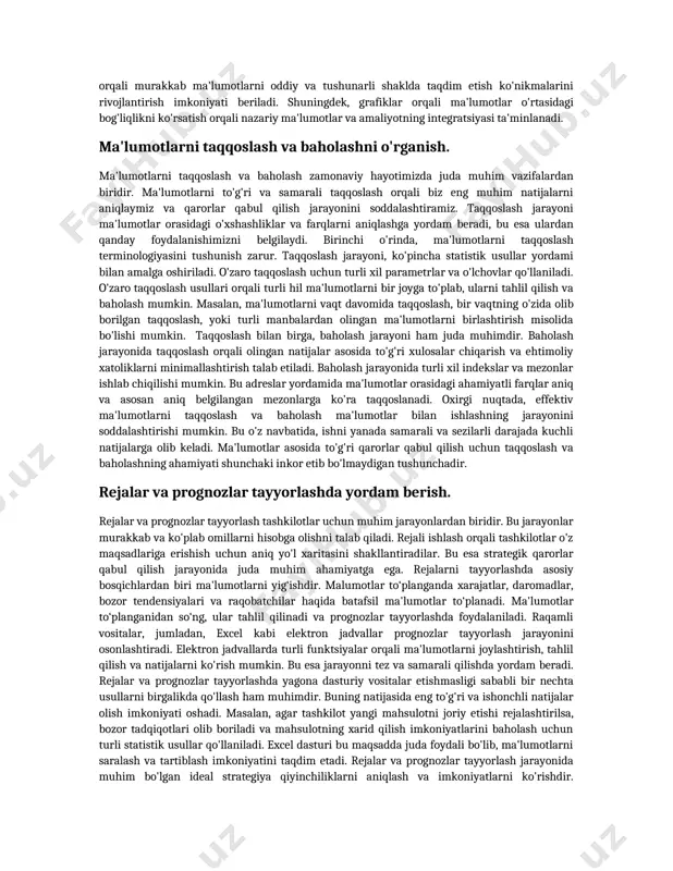 -kitob natijalari uchun qizil ranglardan foydalanish, dasturda muhim jihatlar haqida tezdaq ma'lumot olishni ta'minlaydi. formatlash shuningdek, ma'lumotlarning o'qilishi va taqdim etilishida sifatni oshiradi xulosa qilib aytganda, ma'lumotlarni kiritish va formatlash, elektron jadval dasturlarida muvaffaqiyatli ishlash uchun asosiy ko'nikmalarni talab qiladi. ularning to'g'ri va samarali amalga oshirilishi, foydalanuvchi uchun jamlangan ma'lumotlardan yanada samarali foydalanish imkonin beradi. shuning uchun, ushbu jarayonlarni o'rganish va amaliyotda qo'llash har bir foydalanuvchi uchun muhim ahamiyatga ega. hisoblash va analizlarni qanday o'tkazishni ko'rsatish. bugungi kunda hisoblash va analizlarni o'tkazish uchun elektron jadvallar, masalan, microsoft excel va google sheets kabi dasturlar keng qo'llaniladi. ushbu dasturlarda ma'lumotlarni tartibga solish, hisoblash va vizual tahlil qilish imkoniyatlari mavjud. jadvallar yordamida foydalanuvchilar turli xil formulalar va funktsiyalarni qo'llanib, murakkab hisob-kitoblarni osonlik bilan bajarishi mumkin. hisoblash jarayoni ko'plab ajralmas qadamlarni o'z ichiga oladi. birinchi qadam – ma'lumotlarni kiritishdir. foydalanuvchilar kerakli ma'lumotlarni to'plab, ularni elektron jadvallarga kiritishlari zarur. bu ma'lumotlar sonli, matnli yoki sana …