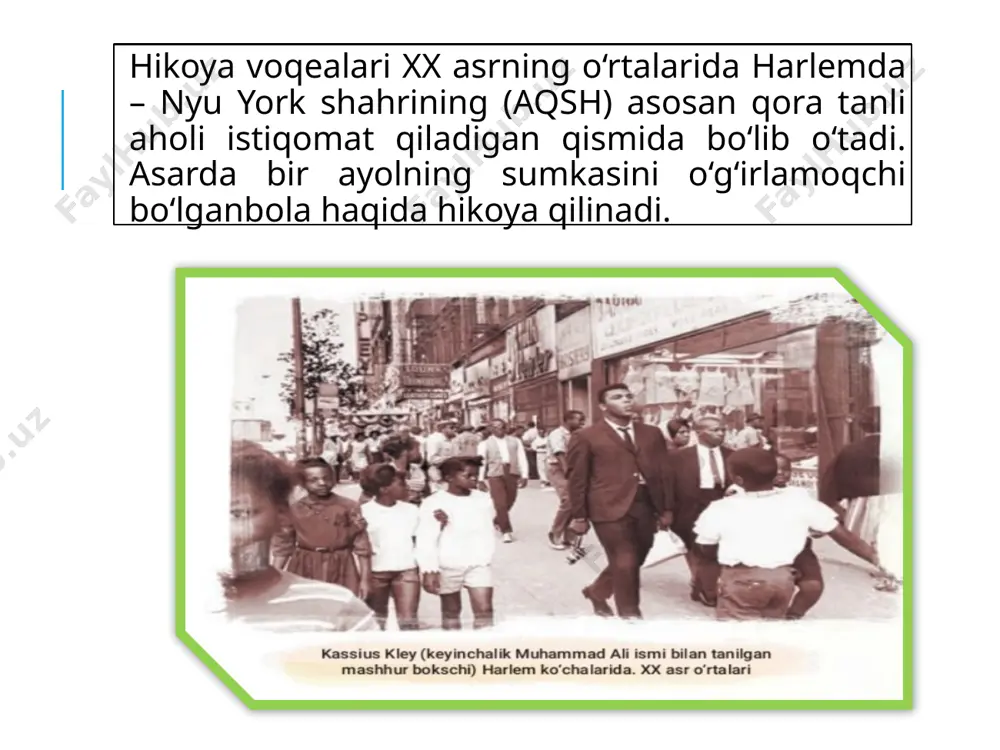 giga qo‘lingni suqma. oyoq kiyim orzusi oyoqlaringni yomon yo‘lga boshlamasin. bugungi kun sen uchun unutilmas saboqbo‘lishiga umid qilaman, o‘g‘lim! savol! “oyoq kiyim orzusi oyoqlaringni yo-mon yo‘lga boshlamasin”. bu gapni qanday tushundingiz? ayol uni tashqariga kuzatib qo‘ydi va eshikni yopdi.bola unga nimadir yaxshi gap aytgisi keldi, lekin munosib so‘zlarni topolmadi. u ayolning uyiga kirib ketishini kuzatib qolarkan,pichirlab: “rahmat sizga...” deya oldi xolos.shundan so‘ng ular boshqa uchrashmadilar. nodirabegim ibrohimova tarjimasi muhokama qilamiz: 1. asarda qanday g‘oyalar ilgari surilgan? bu g‘oyalardan qaysisini eng muhimi deb o‘ylaysiz? fikringizni matn asosida dalillang. 2. luella xonim nima uchun rojerni uyiga olib keldi? faqat ovqatlantirib, pul berish uchunmi? uning rojerga nisbatan munosabati sabablari nimada deb o‘ylaysiz? 3. luella xonim haqidagi ﬁkringiz asarni o‘qish davomida qay darajada o‘zgardi? rojer haqida-chi? 4. hikoyada tasvirlangan voqea rojerning keyingi hayotiga qanday ta’sir qiladi deb o‘ylaysiz? u yana o‘g‘irlikka qo‘l uradimi? guruhlarda ishlaymiz: hikoyadan sizga eng kuchli ta’sir qilgan epizodni (kichik lavhani) …