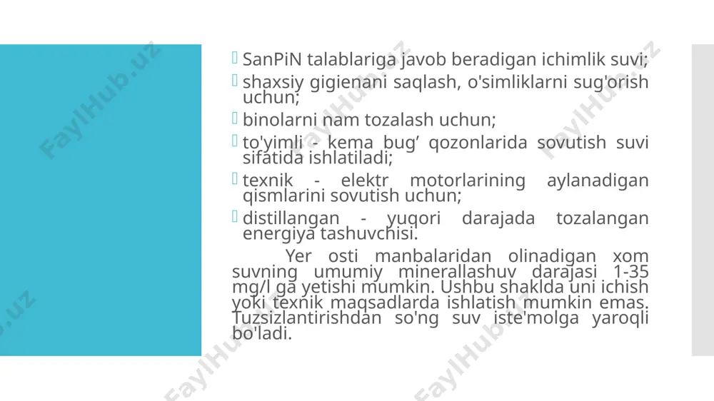 sifatini yaxshilaydi. dengiz suvini tuzlardan tozalash usulining nochorligi sezilarli energiya iste'moli bo'lib, u boshlang'ich tarkibdagi tuzlarning konsentratsiyasi ortishi bilan mutanosib ravishda ortadi. mineralizatsiyaning maksimal ruxsat etilgan darajasi 10 mg / l ni tashkil qiladi. muzlatish yordamida dengiz suvini tuzsizlantirish usuli distillashning teskarisidir. dengiz suvi muzlaganda, avvalo toza suvdan muz hosil bo'lib, konsentrlangan suyuqlik qoldiqlarida aralashmalar qoldiradi. tuzli eritmani yakuniy tozalash uchun u orqali qo'shimcha ravishda maxsus gaz o'tkaziladi. bu usul katta, qimmat uskunalardan foydalanishni talab qilmaydigan kichik hajmdagi suyuqlikni tuzsizlantirish uchun javob beradi. xulosa. suvni tuzsizlantirish va chuchuklashtirishning kundalik hayotdagi ahamiyati. hozirgi kunda kundalik ehtiyojlarning ichida albatta chuchuk suv alohida o’rin egallaydi. bizga ayonki kundalik ehtiyojlarimizning eng muhim qismi, ya’ni iste’mol jihatidan ham eng ko’p foydalanilgan mahsulot bu chuchuk suv hisoblanadi. shu boisdan ham chuchuk suvga bo’lgan talab tobora ortib bormoqda. suvni tuzsizlantirish va chuchuklashtirish o’z o’rnida yuqorida aytib o’tilganidek, bir necha usullardan iborat. usullardan esa eng avzallarini, ya’ni zamon …