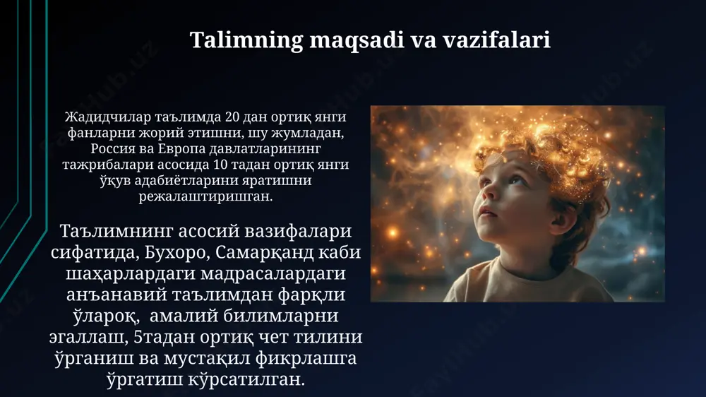 ing cheklanishlari va muammolari jadid maktablari sonining yetishmasligi va ularning asosan shaharlarda, qishloq joylarida esa kam tarqalganligi ta’limning keng qamrovini cheklab qo‘ydi, bu esa 1900-yillardagi turkistonning katta qismini qamrab olmadi. o'qituvchilarning yetarli darajada tayyorgarligi va malakasi pastligi, pedagogik adabiyotlarning yetishmasligi, darsliklarning kamligi va sifatsizligi jadid ta’limining samaradorligini pasaytirdi, bu esa 20-asr boshlarida buxoro va xivada sezilarli darajada namoyon bo‘ldi. jadid maktablarining ijtimoiy ta’siri bu maktablarda matematika, fizika, geografiya kabi fanlar bilan bir qatorda, adabiyot, tarix va islom dinining yangicha talqini o'qitilishi, 5-7 yoshdan boshlab bolalarni ta'limga jalb etish orqali ijtimoiy taraqqiyotga turtki bo'ldi. jadid maktablari, 19-asr oxiri va 20-asr boshlarida toshkent, samarqand kabi yirik shaharlarda 300 dan ortiq ochilib, milliy ongning uyg'onishiga va zamonaviy bilimlarni ommalashtirishga katta hissa qo'shdi. yangi uslubdagi maktablarning tashkil etilishi jadid maktablari 19-asrning oxirlarida, xususan, toshkent, samarqand va buxoroda keng tarqala boshladi, bu yerda rus tili va zamonaviy fanlar o'qitilardi. yangi uslubdagi maktablarda 300 dan ortiq …