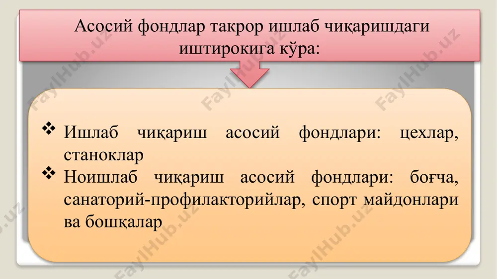 тлабки қиймати фа - асосий фондларнинг чиқариб ташлаш қиймати, та - асосий фондларнинг норматив ишлаш муддати, йил асосий фондларни тўлиқ қайта тиклаш учун амортизация ажратмалари суммасини қуйидаги формула орқали аниқлаш мумкин. a = hа  ф бунда: ф - асосий фондлар ўртача йиллик қиймати, амортизация ажратмалари асосий фондлар ўртача баланс қиймати, млн. сўм амортизация ажратмаларининг йиллик нормаси,% амортизация ажратмаларининг йиллик миқдори млн. сўм (2ус 3уст 0,9) жихозлар бинолар транспорт жами 50 200 5 12 5 20 6 10 2,0 17,0 бир текисдаги амортизация услуби асосий фондларнинг бир текисдаги жисмоний ва маънавий эскиришига қиёсланади. бу ҳол кўпинча жисмоний эскиришга тегишли, чунки асосий фондларнинг маoнавий эскириши бир текисда кечмайди. шу сингари илм, техника, технология ҳам бир текисда ривожланмайди. кўп холларда маънавий эскириш асосий фондларнинг жисмоний эскиришидан эртароқ рўй беради. шунинг учун тадбиркор асосий фондларнинг тезлашган маънавий эскириши рўй берган тақдирда, уларни алмаштириш учун амортизация ажратмаларига эга бўлиши керак. амортизацияни ҳисоблаш усуллари: 1.қийматни …