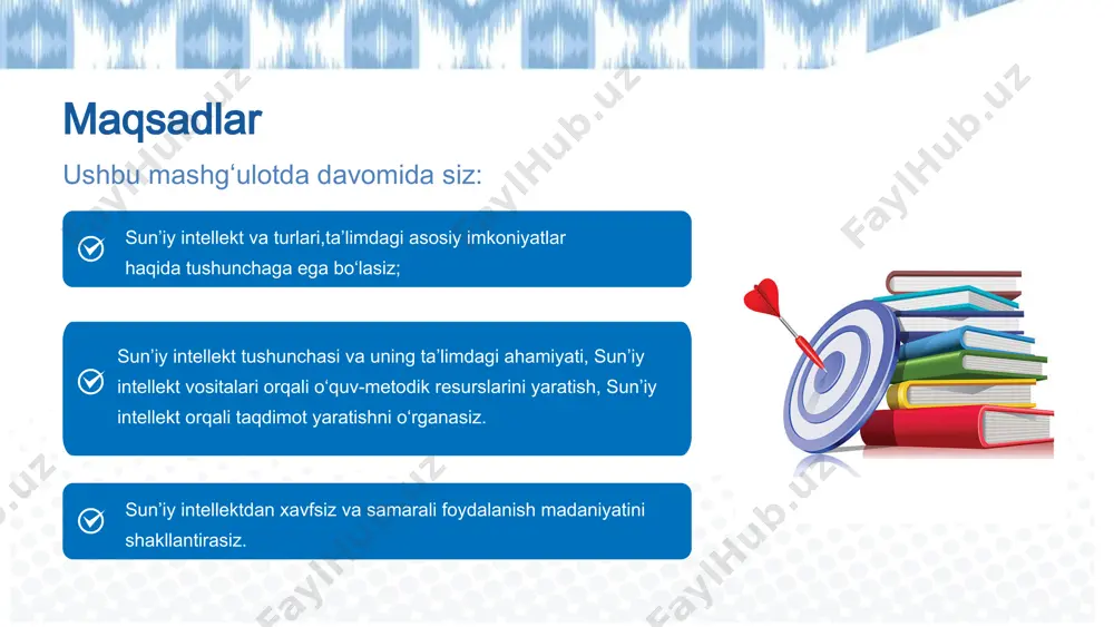 jima qiladi reja, prezentatsiya, topshiriqlar tuzadi berilgan mavzu bo‘yicha tushuntirish beradi misol va masalalarni yechib ko‘rsatadi (matematika, fizika, kimyo) sun’iy intellekt sun’iy intellekt sun’iy intellekt (si) – bu inson aql-zakovati bilan bog‘liq vazifalarni bajarish qobiliyatiga ega bo‘lgan texnologiyalar, algoritmlar va tizimlar majmuasidir. 7 insoniy fikrlash o‘rganish mantiqiy xulosa chiqarish qaror qabul qilish muammoni hal qilish o‘z-o‘zini moslashtirish murakkab vazifalarni bir yo‘la emas, bosqichma-bosqich hal qilishni so‘rash foydaliroq. vazifani bosqichma-bosqich ishlashni so‘rang belgilangan so‘z soni, uslub yoki ko‘rinish bo‘yicha aniq chegaralar yarating. cheklov yoki talab qo‘ying o‘zingiz istagan format yoki uslubga o‘xshash namunani yozing — bu siga yo‘nalish beradi. namuna keltiring agar birinchi marta kerakli javob olmagan bo‘lsangiz, qo‘shimcha tushuntirishlar bering va ko‘rsatmangizni aniqlashtiring. takrorlang yoki aniqlashtiring noaniq yoki umumiy savollar o‘rniga, iloji boricha aniq va tushunarli tarzda yozing. aniq, lo‘nda va batafsil ko‘rsatma bering si dan nima kutayotganingizni aniq yozing: jadval, ssenariy, matn, reja, kod, savol-javob va hk. ko‘rsatma formati …