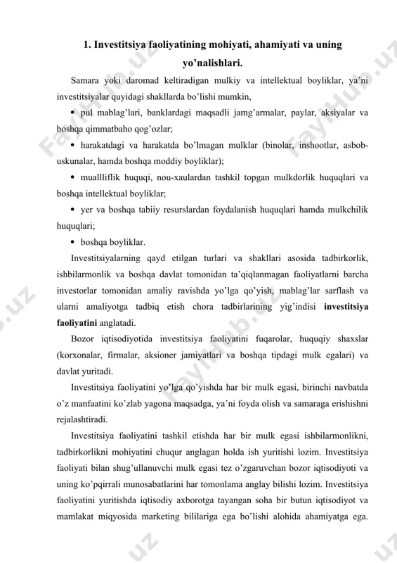 isodiyot va mamlakat miqyosida marketing bililariga ega bo’lishi alohida ahamiyatga ega. chunki barqarorlashmagan iqtisodiyotda investor pul muomalasi, moliya kredit va banklar, soliq siyosati mohiyatini chuqur bilmay turib, investitsiya faoliyatini tashkil etish tavakkalchilik bilan bog’liq bo’lib, qisqa davr ichidagi inqirozga uchrashi mumkin. bozor munosabatlari rivojlangan etuk jamiyatda investitsiya faoliyati quyidagi yo’nalishlarda olib boriladi: · fuqarolar, davlatga qarashli bo’lmagan korxonalar, xo’jalik assotsiatsiyalari, jamoa va o’rtoqlik xo’jaliklari hamda jamoa mulkchiligi asosida tashkil etilgan tashkilotlar, nodavlat korxonalari va muassasalari tomonidan; · davlatni ma’muriy va boshqaruv bo’linmalari, tashkilotlari hamda davlat korxonalari va muassasalari tomonidan; · chet el fuqarolari, xususiy firmalar, assotsiatsiyalar, kompaniyalar va huquqiy shaxslari hamda boshqa xorijiy davlatlar va halqaro moliya – kredit muassasalari tomonidan; · qo’shma korxona ko’rinishida mahalliy va chet el fuqarolari, huquqiy shaxslar va davlatlar bilan hamkorlikda. mulkchilikni turli shakllarini rivojlanishi, tadbirkorlik va ishbilarmonlikni yo’lga qo’yilishi, jahon iqtisodiy aloqalarini taraqqiy etishi, qo’shma korxonalarni iqtisodiyotni barqarorlashtirishda rolini ortishi investitsiya faoliyatini to’la tashkil …