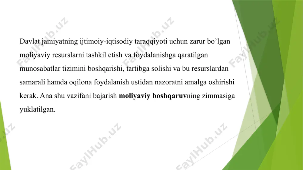 i amalga oshirishga yo’naltirilgan choralarni ishlab chiqish, davlat investitsiya dasturlari va mamlakat taraqqiyot byudjetini ishlab chiqish va moliyalashtirishda qatnashish; moliyaviy rejalashtirish va milliy xo’jalikni moliyalashtirish sohalarida metodik (uslubiy) rahbarlikni amalga oshirish; mamlakat moliyaviy resurslar balansini ishlab chiqishda (iqtisodiyot vazirligi bilan birgalikda) faol ishtirok etish; moliyaviy intizom buzilganda moliyalashtirishni cheklash yoki umuman to’xtatib qo’yish va boshqalar; 3.korporativ boshqaruv va mulkka egalik huquqini boshqaruvdan ajratishning moliyaviy sabablari korporativ boshqaruv va mulkka egalik huquqini boshqaruvdan ajratishning moliyaviy sabablari quyidagilarni o'z ichiga oladi: 1. risklarni kamaytirish: boshqaruv va mulkka egalik huquqini ajratish orqali investorlar o'zlarining moliyaviy risklarini kamaytirishi mumkin. agar boshqaruv yomon qarorlar qabul qilsa, bu mulk egalari uchun zarar keltirishi mumkin, ammo ajratilgan boshqaruv tizimi orqali bu risklar tarqatiladi. 2. moliya samaradorligini oshirish: boshqaruvni professional menejmentga topshirish orqali kompaniya moliyaviy samaradorligini oshirishi mumkin. bunday hollarda, menejment o'z vazifalarini bajarishda ko'proq bilim va tajribaga ega bo'ladi. 3. investitsiya imkoniyatlari: korporativ struktura orqali investorlar o'z …