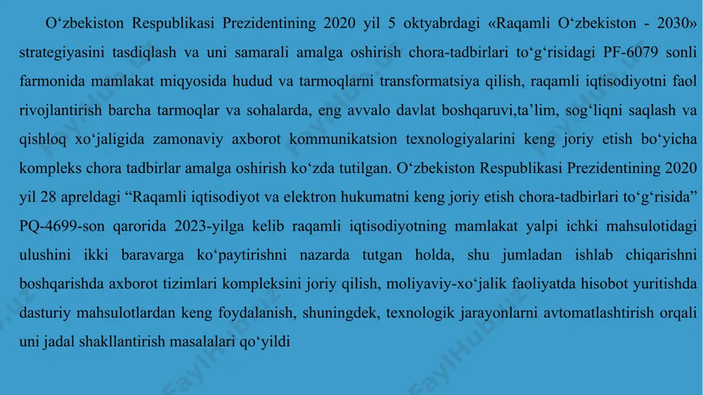 loballashuv alohida korxonalar, mamlakatlar va iqtisodiy ittifoqlarning raqobatdoshligini oshirishda muhim rol o'ynaydi, ham etakchi kompaniyalar, ham yangi boshlanuvchilar ishbilarmonlik faolligini kuchaytiradi. raqamli iqtisodiyotning asosiy ko‘rsatkichlari raqamli iqtisodiyot platformalari personifikatsiya qilingan servis modellari ishlab chiqaruvchilar va iste’molchilarning bevosita o‘zaro aloqa qilishi. birgalikda foydalanish (sharing economy, free economy) .individual qatnashchilar hissasi transmilliy korxonalarni shakllantirish investitsiyalar jalb qilish buyumlar internet va virtual haqiqat robototex nika, blokcheyn texnologiyasi yaim aktga investitsiyalar 1 foiz raqobatbardoshlik 2,1 foizaim milliy innovatsiyalar 2,2 foiz mahsuldorlikning 2,3 foiz makkinsi accenture strategy yaimning xitoyda 22 foizgacha xitoyda 418 milliard dollar aqshda 365 milliard dollar aqshda 10 foizgacha yaponiya114 milliard dollar global connectivity index aktga investitsiyalar yaim to'rt sanoat inqilobi 1770-1860 birinchi sanoat inqilobi bug 'va yigirish fabrikalari davri bug' mashinasi, yigiruv va to'qish mashinalari, metallurgiya, torna 1860-1900 ikkinchi sanoat inqilobi telegraf, temir yo'llar, dvigatellar po'lat va ishlab chiqarish liniyalari davri ichki yonish, konveyer 1900-2010 uchinchi sanoat inqilobi 2010-2060 to’rtinchi sanoat …