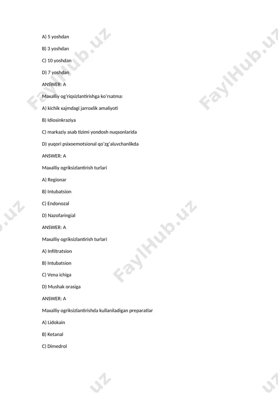 maydi: a) osteoperforatsiya b) yiringli yarani yuvish c) sababchi tishni olish d) jaroxatda chikargich koldirish answer: a bolalarda o‘tkazilgan og‘riqsizlantirishdan keyingi anafilaktik shok belgilari: a) kvinke shishi b) quruq teri c) pulsni kamayishi d) xushning ketishi answer: a bolalarda o‘tkir yiringli periostitga xos emas: a) zararlangan va yon tishlarni patologik xarakatchanlanganligi b) periostitning yallig‘langan sog‘asi shilliq qavatida giperemiyasi c) zararlangan tishning mavjudligi d) alveolyar o‘siqning bir tomonlama muftasimon qalinlashishi answer: a bolalarda o‘tkir yiringli periostitni davolashda o‘tkazilmaydi: a) xar qanday xolatda sababchi tishni olish b) jaroxatni drenajlash c) ogriksizlantirish d) medikamentoz davo answer: a bolalarda o‘tkir yiringli periostitni davolashda o‘tkazilmaydi: a) periostni qisman olib tashlash b) periostotomiya c) yarada drenaj koldirish d) utuv burma shish soxasi shishi answer: a bolalarda pastki jagning utkir yiringli periostitiga xos emas: a) muftasimon shish b) utuvchi burmaning tekislanishi c) sababchi tishning karies bilan shikastlanganligi d) flyuktuatsiya borligi answer: a bolalarda pastki jagning utkir zardobli …