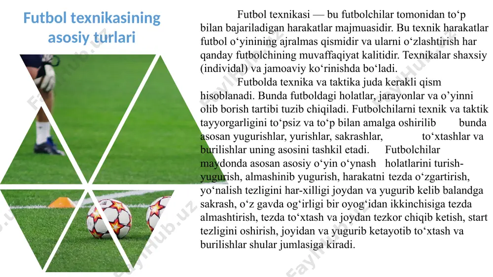 xoh u himoyachi, xoh yarim himoyachi, xoh hujumchi bo'lsin, o'z o'rnida o'rnini egallaydi, bu esa jamoa o'yinining umumiy tuzilmasini saqlab qolishga imkon beradi, uning buzilishiga yo'l qo'ymaydi. o’yinni tushunish va qaror qabul qilish yaxshi taktik o'yinchi bo'lishning asosiy tarkibiy qismlari bo'lib, bu erda maydonda vaqt va makonni tushunish orqali o'yin modelini qo'llash taktikaning samaradorligini belgilaydi. taktikalar o'yinni rejalashtirish muhimligini aks ettiradi. taktika jamoa shakllanishini ma'lum o'yin uslubi bilan bog'laydigan o'yin tizimini yaratadi (masalan, hujum yoki qarshi hujum, sekin yoki tez sur'at, qisqa yoki uzoq paslar, jamoaviy ish yoki individual o'yin). o'tgan o'n yilliklarda futbol taktikasi mustaqil fanga aylandi. har bir sxema murabbiylar shtabi tomonidan tanlangan strategiyaning nozik tomonlariga va o'yinchilarning o'ziga xos xususiyatlariga qarab farq qilishi mumkin. ushbu maqolada biz zamonaviy futbol tuzilmalarining asosiy turlari, ularning tamoyillari va maqsadini o'rganamiz. futbol texnikasining harakteristikasi maydon o‘yinchisi va darvozabon uchun umimiy kichik bo‘lim bo‘lgan harakatlanish texnikasidan boshlanadi. harakatlanish texnikasi. harakatlanish texnikasi quyidagi …