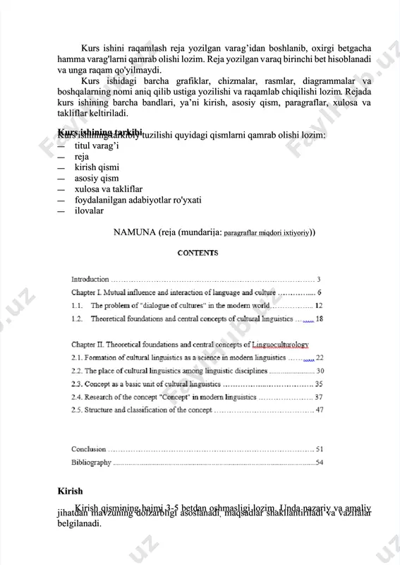 ish, statistik to’plbibliografiya tuzish, statistik to’plamlardan foydalanish, mavzular bo yichaamlardan foydalanish, mavzular bo yicha konspekt tuzish, tavsiyalaridan konspekt tuzish, tavsiyalaridan kelib chiqib, rasmiylashtiriladi;kelib chiqib, rasmiylashtiriladi; 4.4. huquqiy me’yoriy hujjatlarni amaliyotda tadbiq qilinishini o’rganadihuquqiy me’yoriy hujjatlarni amaliyotda tadbiq qilinishini o’rganadi kurs ishini bajarish bosqichlarikurs ishini bajarish bosqichlari kurs ishini bajarish quyidagi bosqichlarda akurs ishini bajarish quyidagi bosqichlarda amalga oshiriladi:malga oshiriladi: 1.1. kurs ishi mavzusini tanlash;kurs ishi mavzusini tanlash; 2.2. kafedra tomonidan tavsiya qilingan adabiyotlarni to’plash, ularni o'rganish,kafedra tomonidan tavsiya qilingan adabiyotlarni to’plash, ularni o'rganish, konspektlash, kerakli joylarini yozib olish;konspektlash, kerakli joylarini yozib olish; 3.3. kurs ishi rejasini tuzish;kurs ishi rejasini tuzish; 4.4. nazariy m nazariy masalalar va asalalar va amaliy amaliy materiallarni umateriallarni umumlashtirish, mumlashtirish, tahlil qilish, tahlil qilish, qaytadanqaytadan ishlab chiqish;ishlab chiqish; 5.5. kurs ishi matnini yozib chiqish, uni rasmiylashtirish va ilmiy rahbarga taqrizkurs ishi matnini yozib chiqish, uni rasmiylashtirish va ilmiy rahbarga taqriz uchun taqdim etish;uchun taqdim etish; 6.6. …