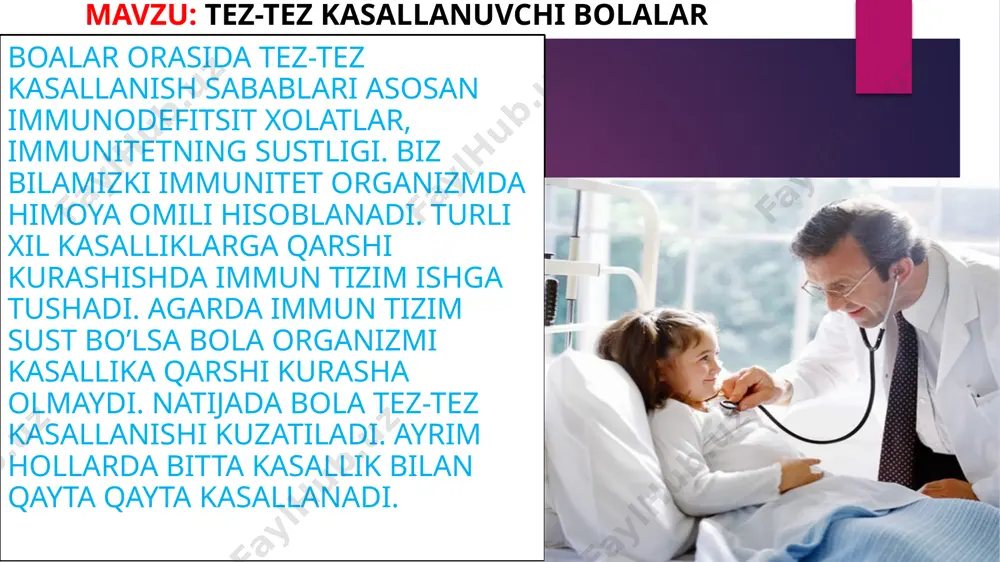 gemoglobin miqdorining kamayib ketishi) immunitet tizimi ish faoliya­tini susaytiradi. tez- tez kasallanuvchi bolalarda tana vaznini ortishi va kamayishi, mushak tonusini kuchsizlanishi va qaddi-qomatini buzilishi aniqlanadi. raxit, surunkali ichburug’ kasalliklari bilan kasallangan kichik yoshdagi bolalarda jismoniy rivojlanishni to’xtab qolishi isbotlangan. bunday bolalarni o’z vaqtida yetarli miqdorda ovqatlantirish va iloji boricha ona va bola tomonidan moneliklar bolmagan hollarda ona suti bilan boqish hamda muntazam shifokor nazoratida bo’lish tavsiya etiladi. bundan tashqari bola 6-oyligidan boshlab qo’shimcha ovqatlantirishda oqsil va vitamin kaloriyaga boy maxsulotlardan botqalar buyuriladi. toza havoda chiniqtirish, davolovchi mashqlar va massaj muolajalari buyuriladi. bolani chiniqtirish tavsiya etiladi. foydalanilgan adabiyotlar: internet ma’lumotlari ajratgan vaqtingizdan rozi boʻling image1.jpeg image2.jpeg image3.jpeg image4.jpeg image5.jpeg image6.jpeg image7.png image8.jpeg