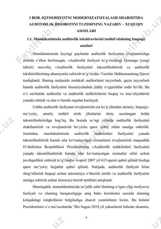 ini baholar ekanmiz, avvalo, mamlakatimiz iqtisodiyotining yuqori barqaror o‘sish sur’atlari va makroiqtisodiy mutanosibligi saqlanib qolayotganini qayd etishimiz zarur ” deb t’akidlaganlar. shunga qaramasdan, mamlakatimizda auditorlik faoliyatining rivojlanishi ancha murakkab va qiyin, ko‘plab jihatlari bo‘yicha esa sust hamda ziddiyatli kechmoqda bunday holatnin sabablari auditorlik firmalarida buxgalteriya hisobining nazariy masalalari, huquqiy-me’yoriy hamda tizimli tartibga solishning boshqa imkoniyatlari etarli darajada amaliyotda ishlatilmayapti. mamlakatimizda bozor iqtisodiyoti munosabatlarining shakllanishi va rivojlanishi natijasida turli mulkchilik shaklidagi auditorlik firmalarida moliyaviy-xo‘jalik faoliyatini samarali tashkil etish va ularga professional hisob xizmatlartni ko‘rsatishni takomillashtirish bugungi kunda dolzarb masalalardan biri hisoblanadi. bunday faoliyatning mavqeini yanada oshirish, avvalo auditorlik firmalarini tuzilishi va ularda ichki buxgalteriya hisobining huquqiy-me’yoriy tizimini iqtisodiy islohotlar talablariga mos ravishda rivojlantirishga bog‘liq. hozirgi kunda xo‘jalik yurituvchi sub’ektlar moliya-xo‘jalik faoliyatining moliyaviy hisobotlarda aks ettirilgan natijalarni baholash masalalariga yangicha, zamonaviy yondashuv uslublari juda ham zarur. bu mavjud nazariy, tashkiliy – huquqiy asoslari va amaliy muammolar bo‘yicha auditorlik faoliyatining sifatini oshirish, hamda …