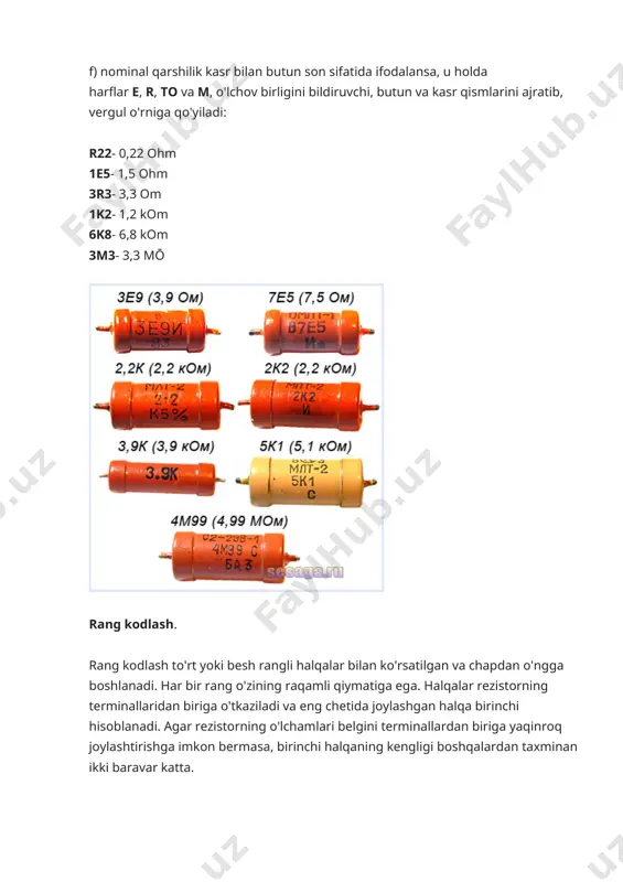 n harf kodi yoki raqamli qiymat foizlarda. rangli rezistorlar uchun tolerantlik ko'rsatilgan oxirgi rangli uzuk: kumush - 10%, oltin - 5%, qizil - 2%, jigarrang - 1%, yashil - 0,5%, ko'k - 0,25%, binafsha - 0,1%. tolerantlik halqasi bo'lmasa, qarshilik 20% bardoshlik darajasiga ega. 1.3. nominal quvvat sarfi. rezistorning uchinchi muhim parametri uning quvvatni yo'qotish oqim rezistordan o'tganda, elektr energiyasi (kuch) issiqlik shaklida chiqariladi, bu esa birinchi navbatda rezistor tanasining haroratini oshiradi, so'ngra issiqlik almashinuvi tufayli havoga o'tadi. shunung uchun tarqatish kuchi ular qarshilik uzoq vaqt davomida bardosh bera oladigan va uning nominal parametrlarini yo'qotishiga zarar etkazmasdan issiqlik shaklida tarqaladigan eng yuqori oqim kuchini chaqiradilar. rezistorning juda yuqori tana harorati ishlamay qolishiga olib kelishi mumkinligi sababli, kontaktlarning zanglashiga olib kelishi mumkin bo'lsa, u holda kontaktlarning zanglashiga olib kelishida, rezistorning haddan tashqari qizib ketmasdan u yoki bu quvvatni tarqatish qobiliyatini ko'rsatadigan qiymat o'rnatiladi. quvvatni o'lchash birligi olinadi vatt(shanba). masalan. aytaylik, 100 …